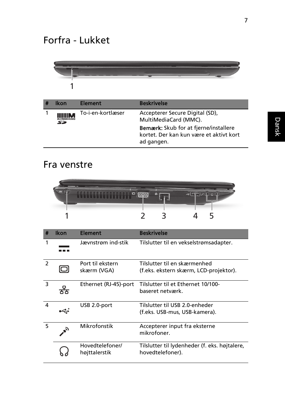 Forfra - lukket, Fra venstre, Forfra - lukket fra venstre | Acer Aspire 5250 User Manual | Page 93 / 315