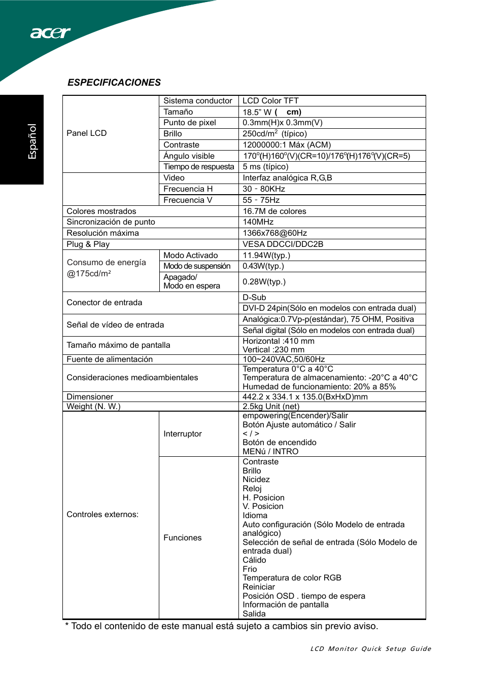 Es p añ o l | Acer S191HQL User Manual | Page 10 / 32