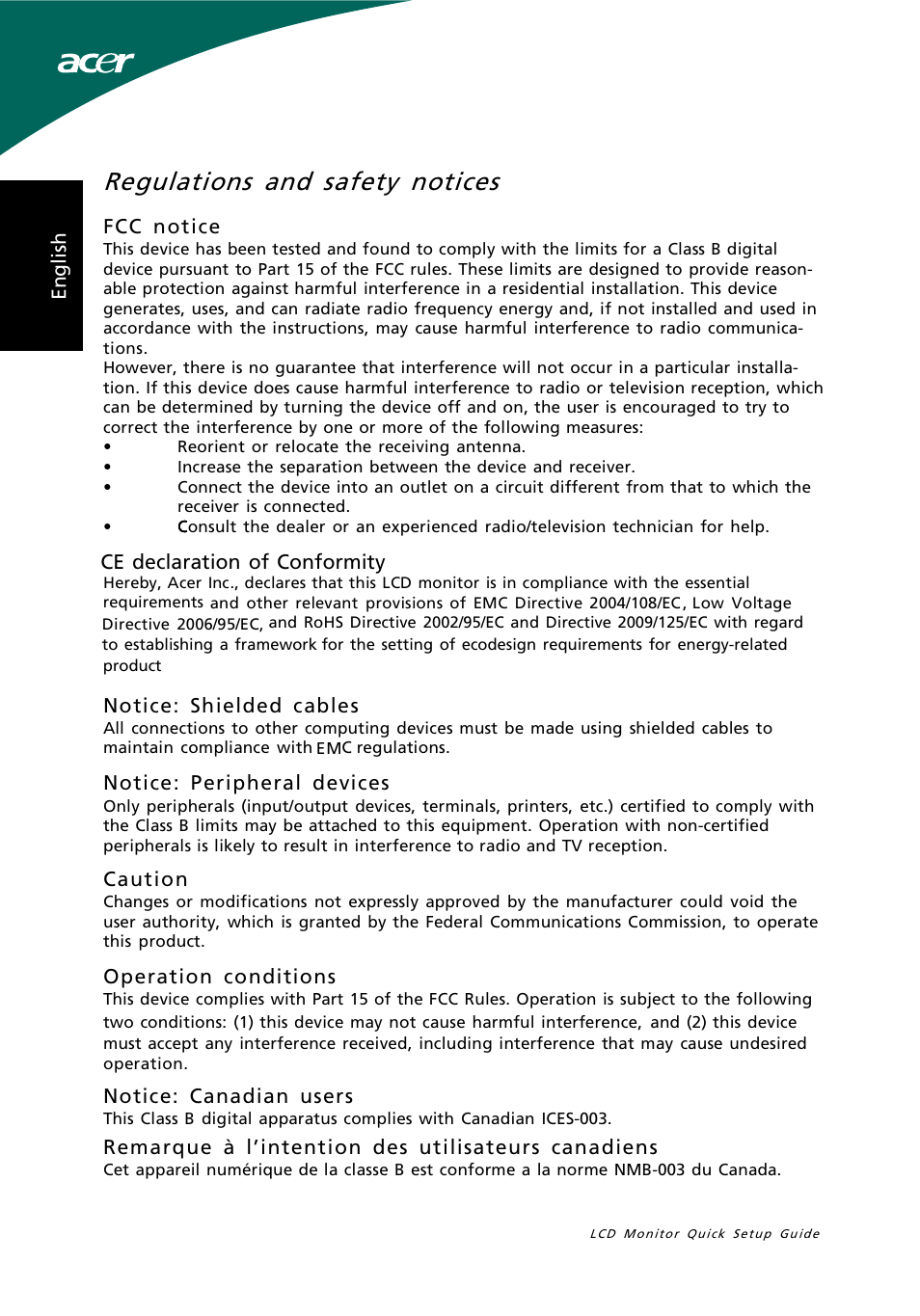 Regulations and safety notices, Fcc notice, Notice: shielded cables | Notice: peripheral devices, Caution, Operation conditions, Notice: canadian users, Remarque à l’intention des utilisateurs canadiens, Ce declaration of conformity, En g li sh | Acer S191HQL User Manual | Page 2 / 32