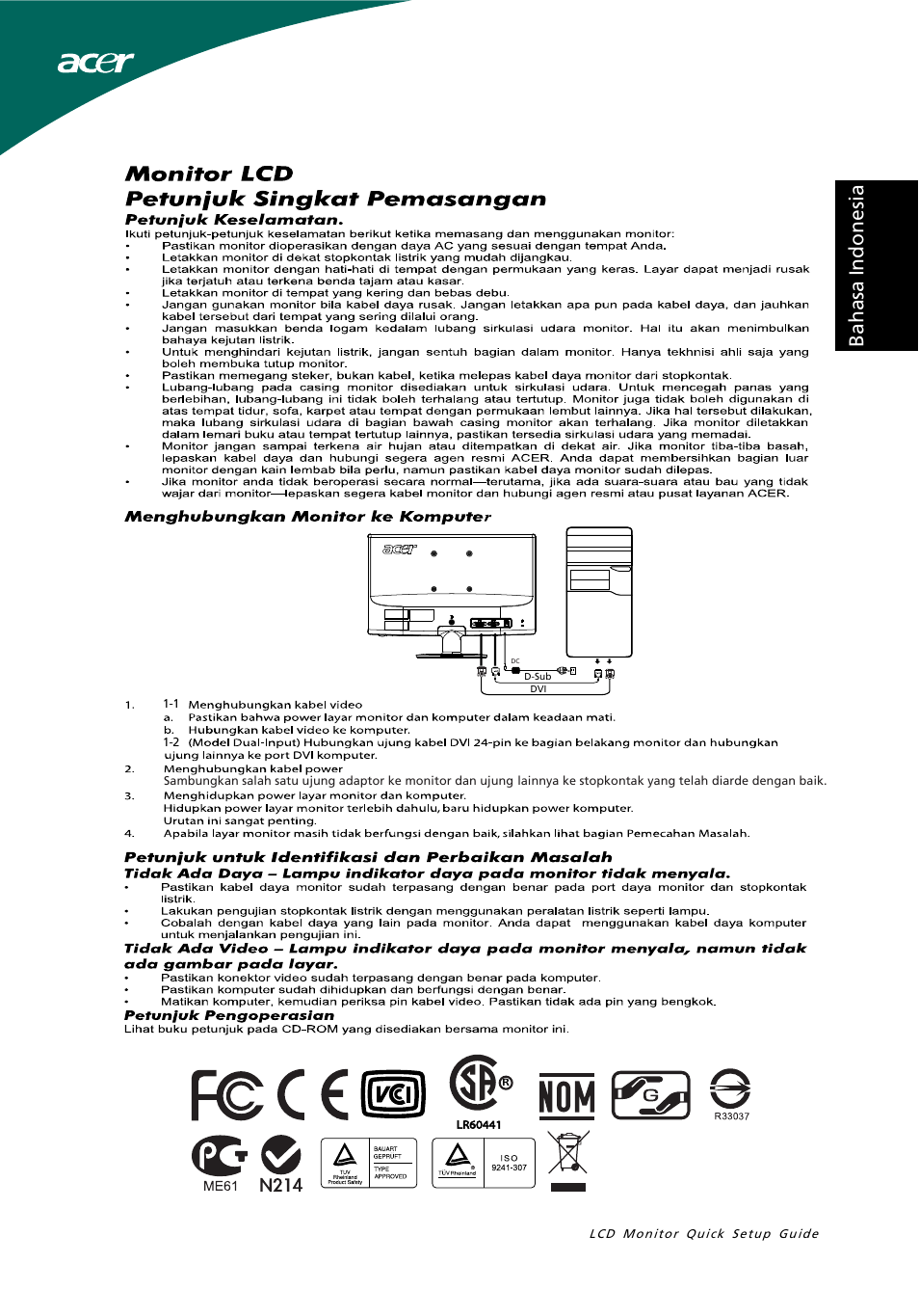 Bahasa indonesia, Standar spesifikasi | Acer S191HQL User Manual | Page 5 / 32