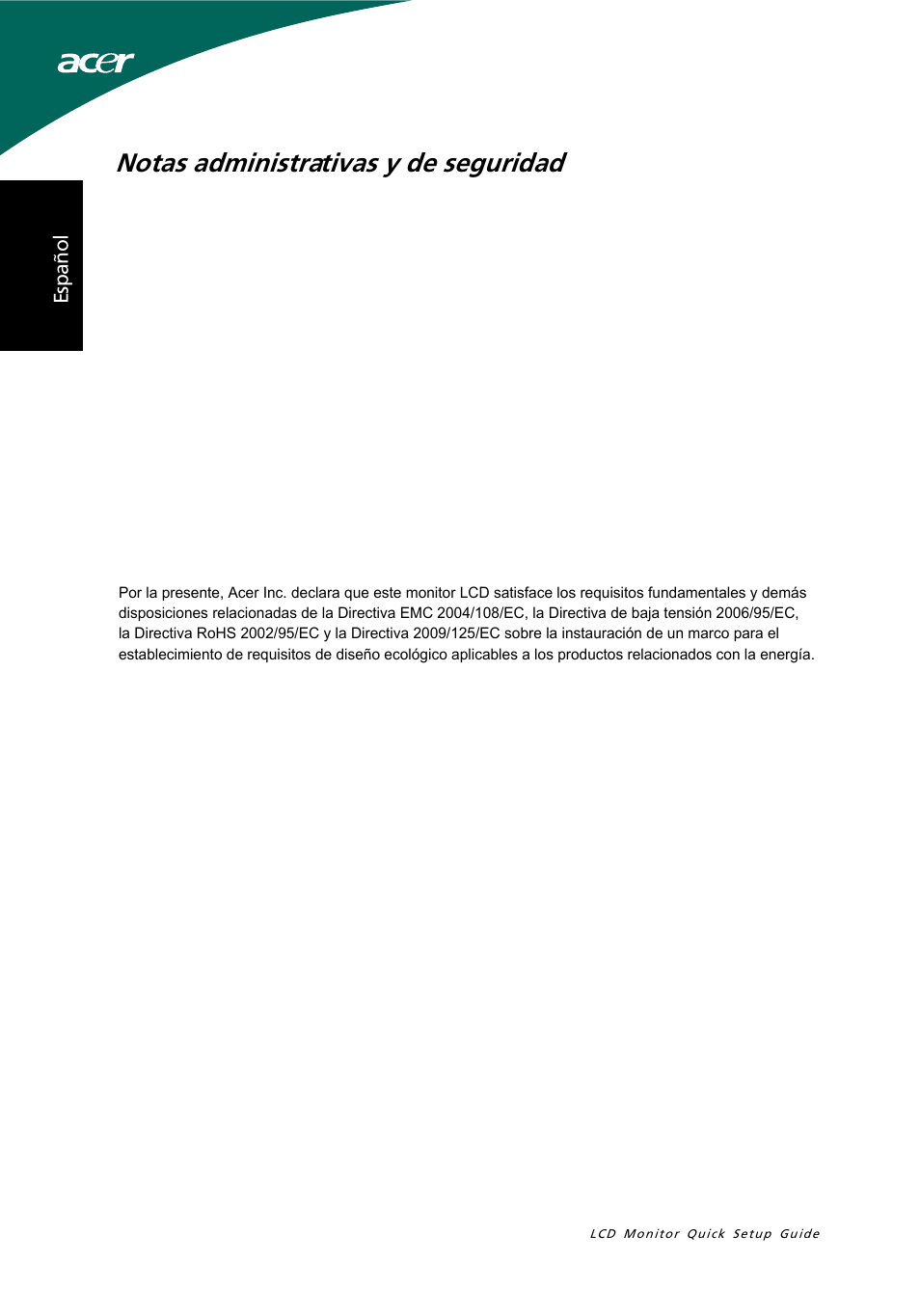 Notas administrativas y de seguridad | Acer S191HQL User Manual | Page 8 / 32