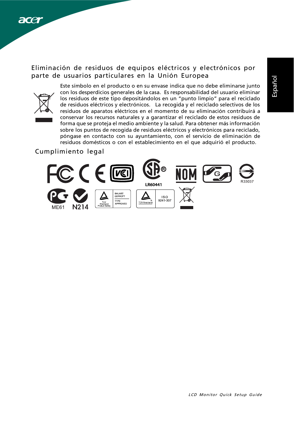 Cumplimiento legal | Acer S191HQL User Manual | Page 9 / 32