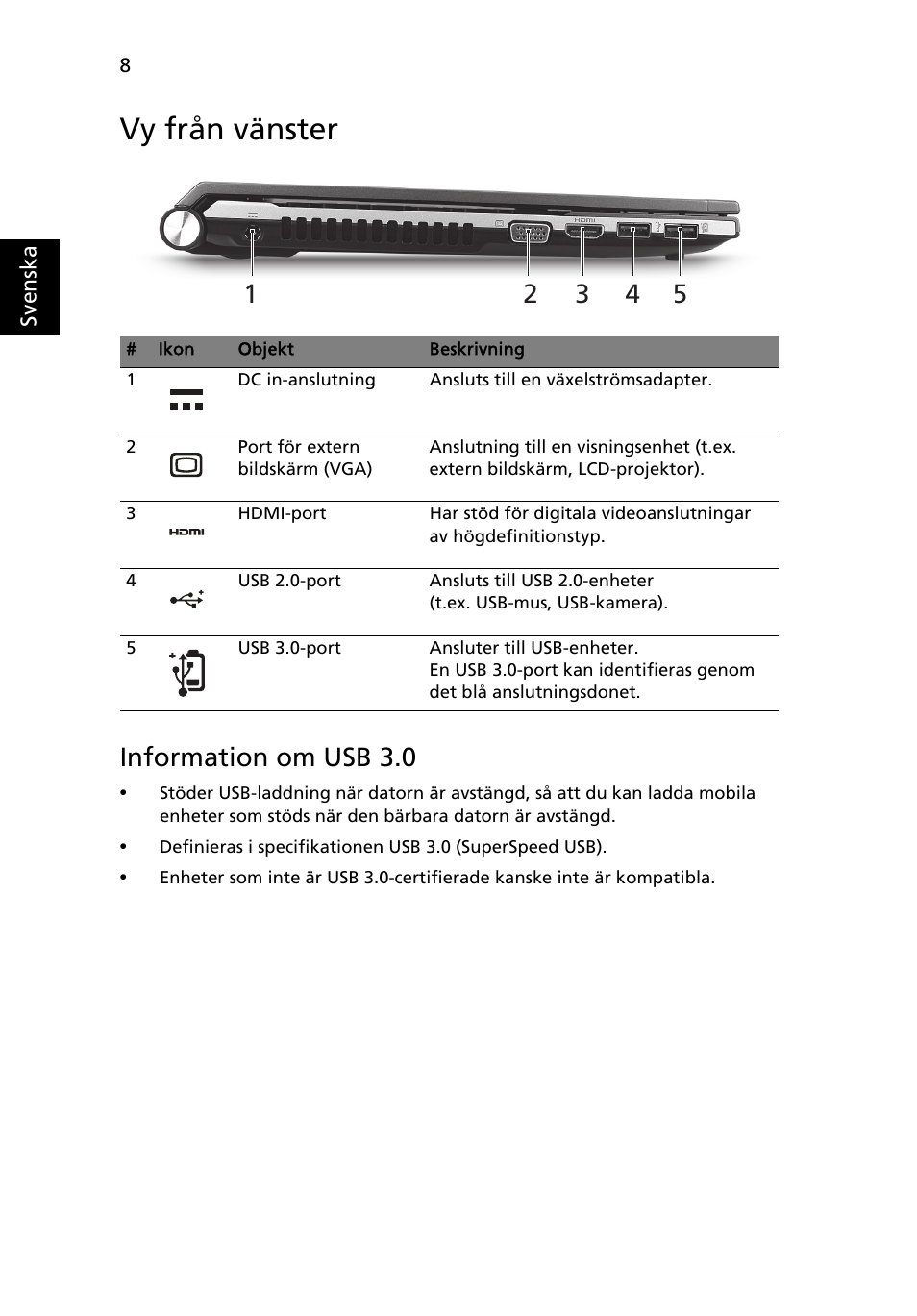 Vy från vänster, Information om usb 3.0 | Acer Aspire 3830TG User Manual | Page 104 / 316