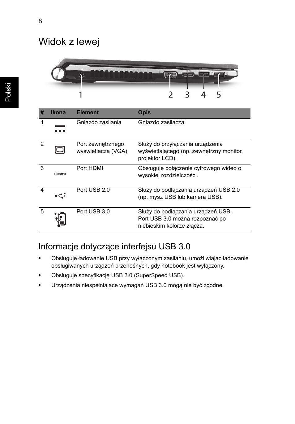 Widok z lewej, Informacje dotyczące interfejsu usb 3.0 | Acer Aspire 3830TG User Manual | Page 134 / 316