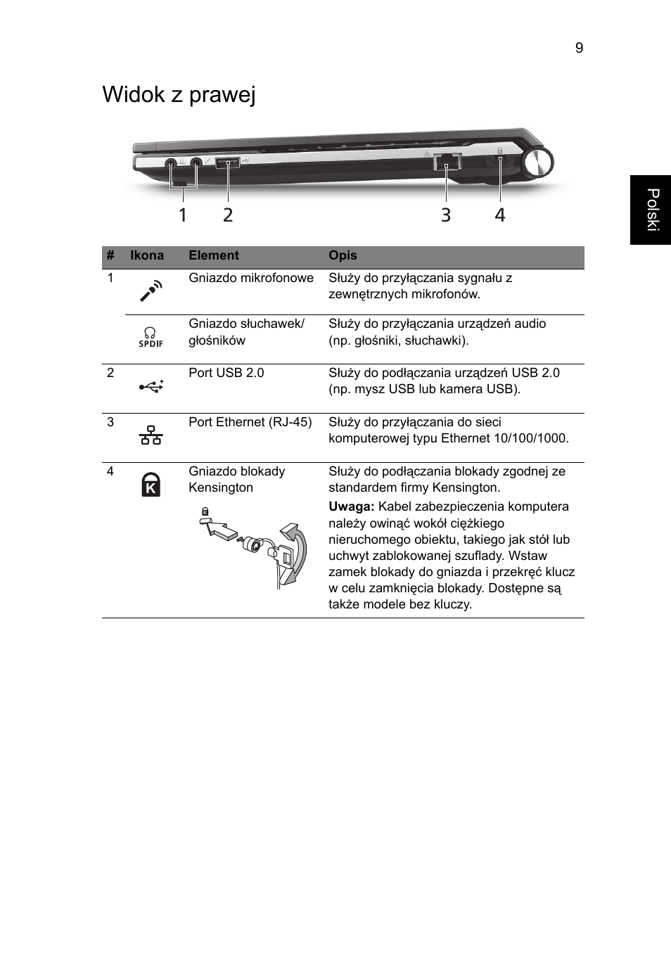 Widok z prawej | Acer Aspire 3830TG User Manual | Page 135 / 316