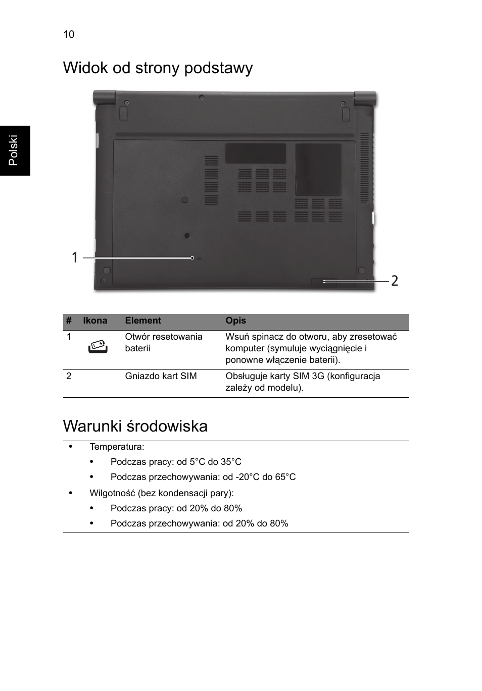 Widok od strony podstawy, Warunki środowiska, Widok od strony podstawy warunki środowiska | Acer Aspire 3830TG User Manual | Page 136 / 316