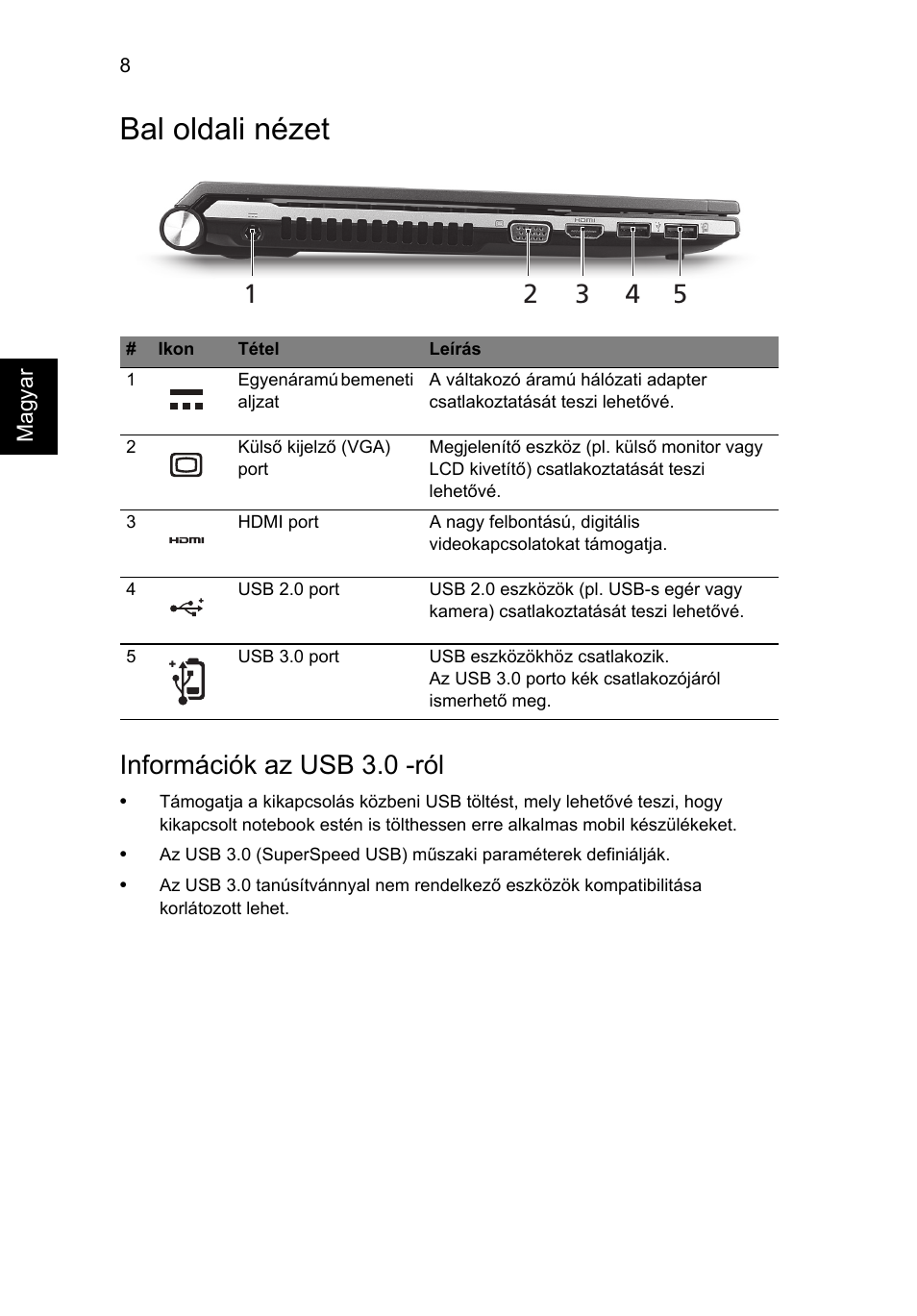 Bal oldali nézet, Információk az usb 3.0 -ról | Acer Aspire 3830TG User Manual | Page 144 / 316