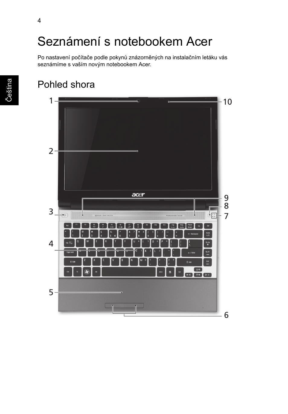 Seznámení s notebookem acer, Pohled shora | Acer Aspire 3830TG User Manual | Page 150 / 316