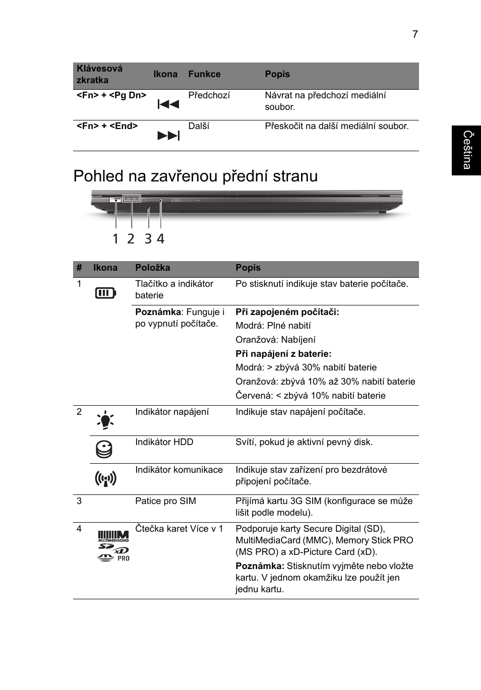Pohled na zavřenou přední stranu | Acer Aspire 3830TG User Manual | Page 153 / 316