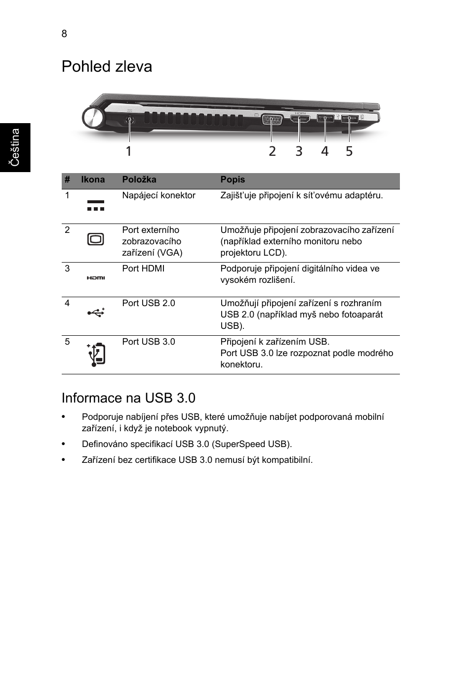 Pohled zleva, Informace na usb 3.0 | Acer Aspire 3830TG User Manual | Page 154 / 316