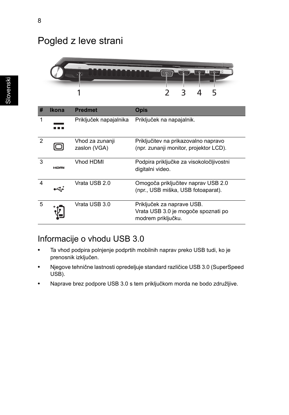 Pogled z leve strani, Informacije o vhodu usb 3.0 | Acer Aspire 3830TG User Manual | Page 174 / 316