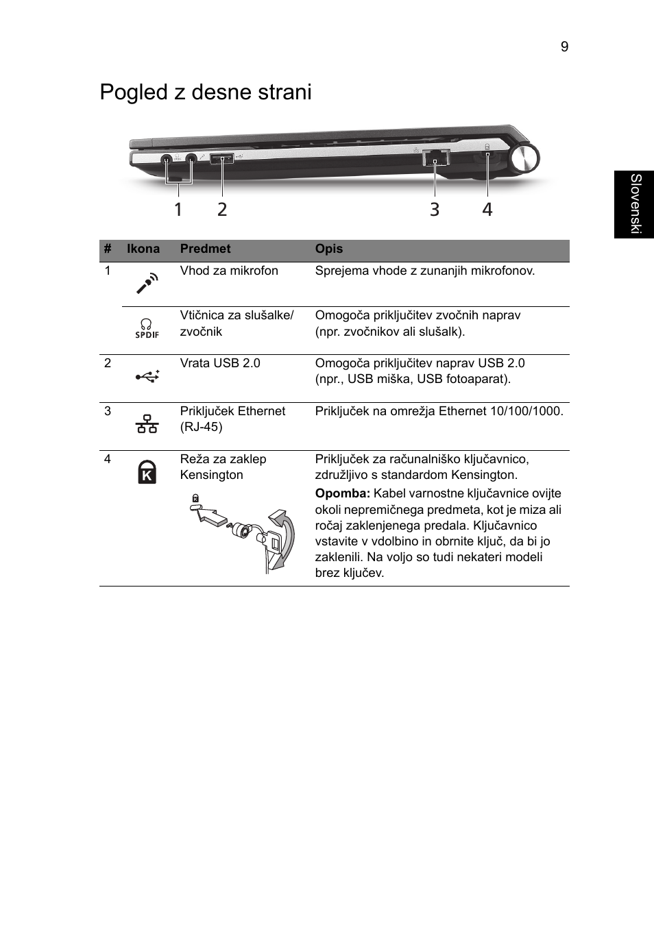 Pogled z desne strani | Acer Aspire 3830TG User Manual | Page 175 / 316