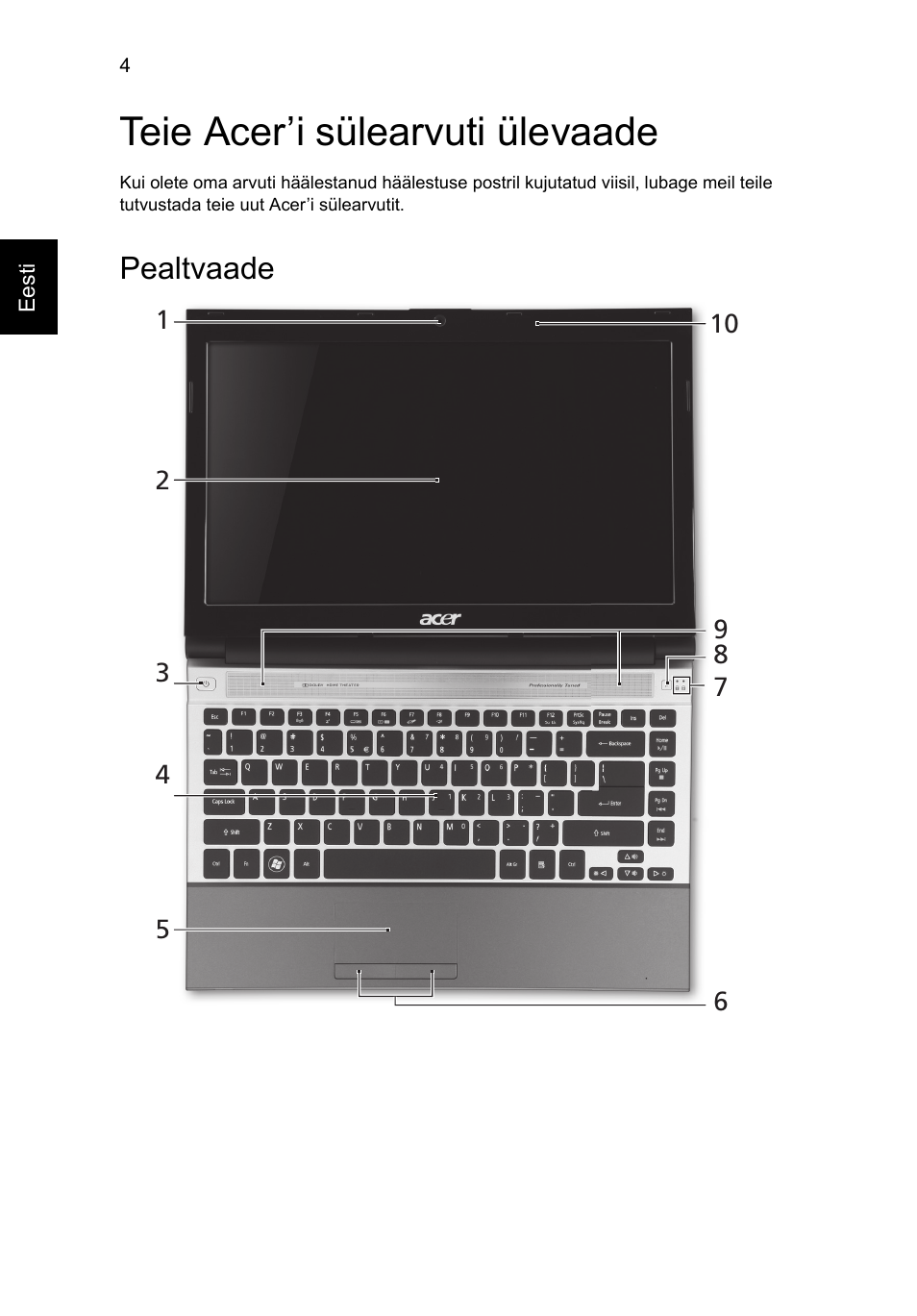 Teie acer’i sülearvuti ülevaade, Pealtvaade | Acer Aspire 3830TG User Manual | Page 210 / 316