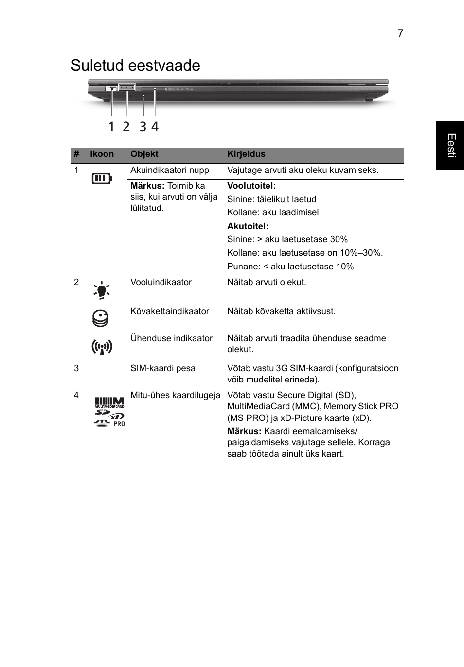 Suletud eestvaade | Acer Aspire 3830TG User Manual | Page 213 / 316