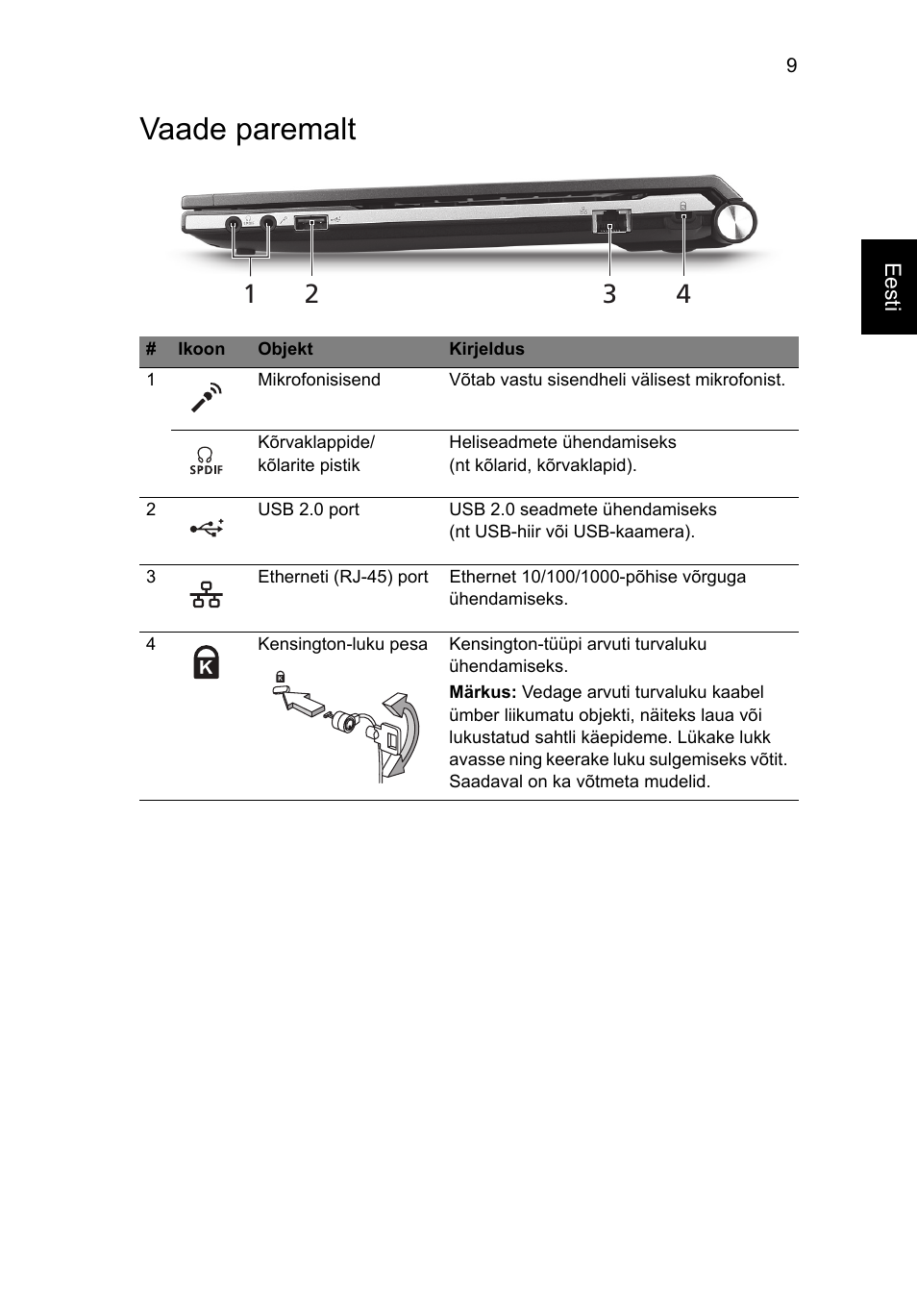 Vaade paremalt | Acer Aspire 3830TG User Manual | Page 215 / 316