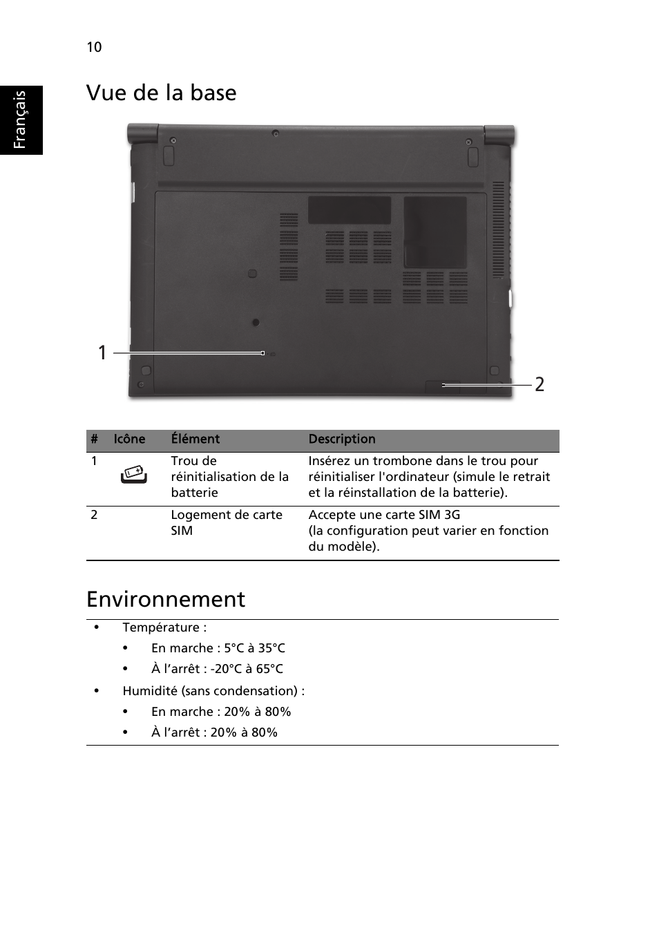 Vue de la base, Environnement, Vue de la base environnement | Acer Aspire 3830TG User Manual | Page 22 / 316