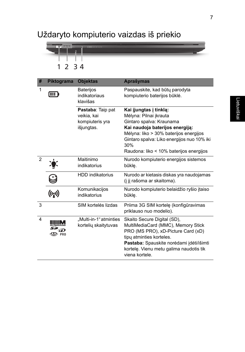 Uždaryto kompiuterio vaizdas iš priekio | Acer Aspire 3830TG User Manual | Page 233 / 316