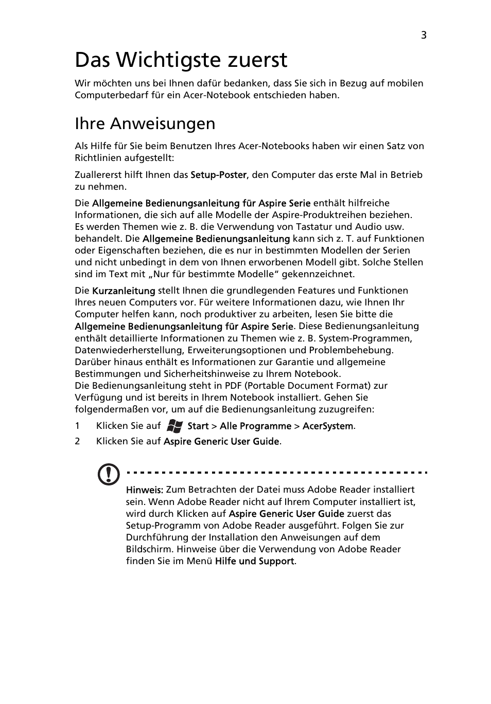 Das wichtigste zuerst, Ihre anweisungen | Acer Aspire 3830TG User Manual | Page 25 / 316