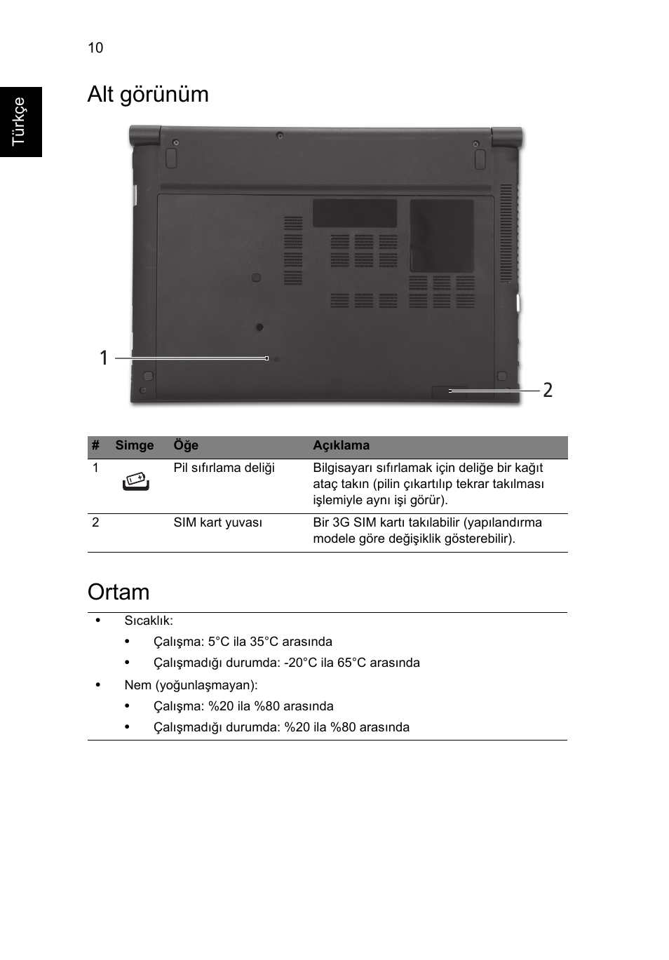 Alt görünüm, Ortam, Alt görünüm ortam | Acer Aspire 3830TG User Manual | Page 256 / 316