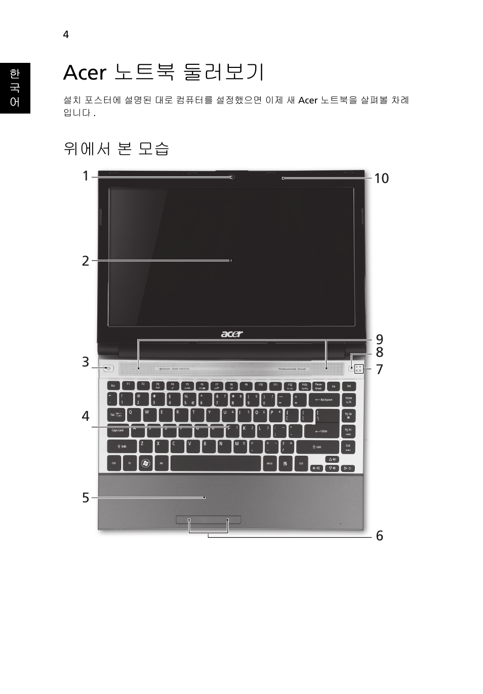 Acer 노트북 둘러보기, 위에서 본 모습 | Acer Aspire 3830TG User Manual | Page 270 / 316