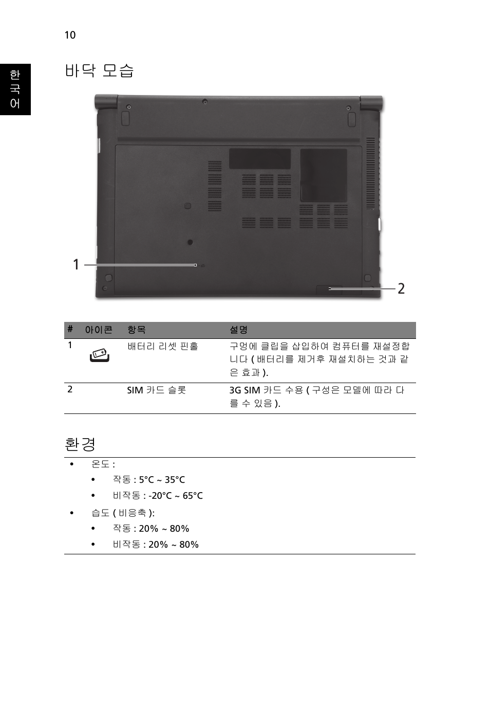 바닥 모습, 바닥 모습 환경 | Acer Aspire 3830TG User Manual | Page 276 / 316