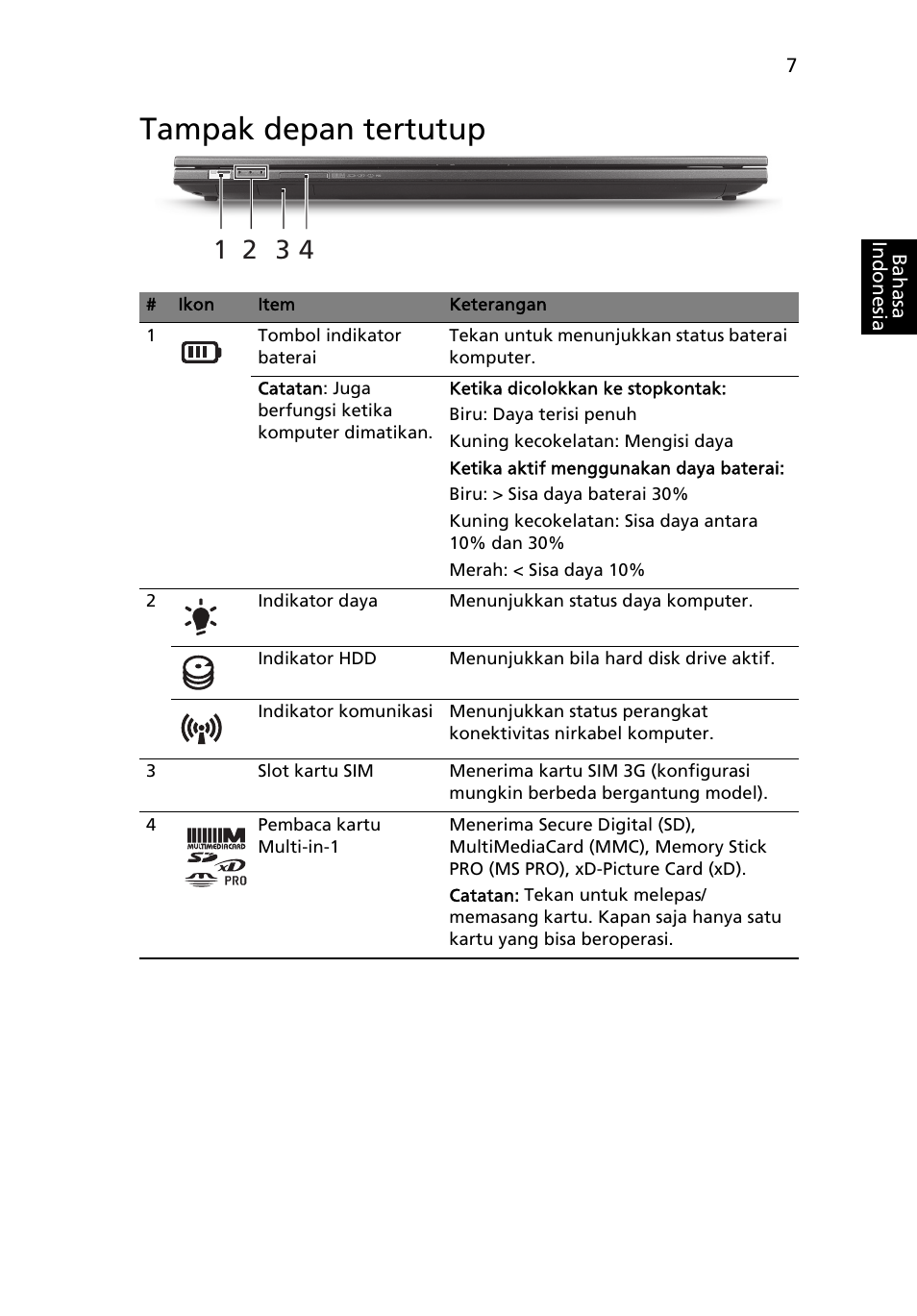 Tampak depan tertutup | Acer Aspire 3830TG User Manual | Page 303 / 316