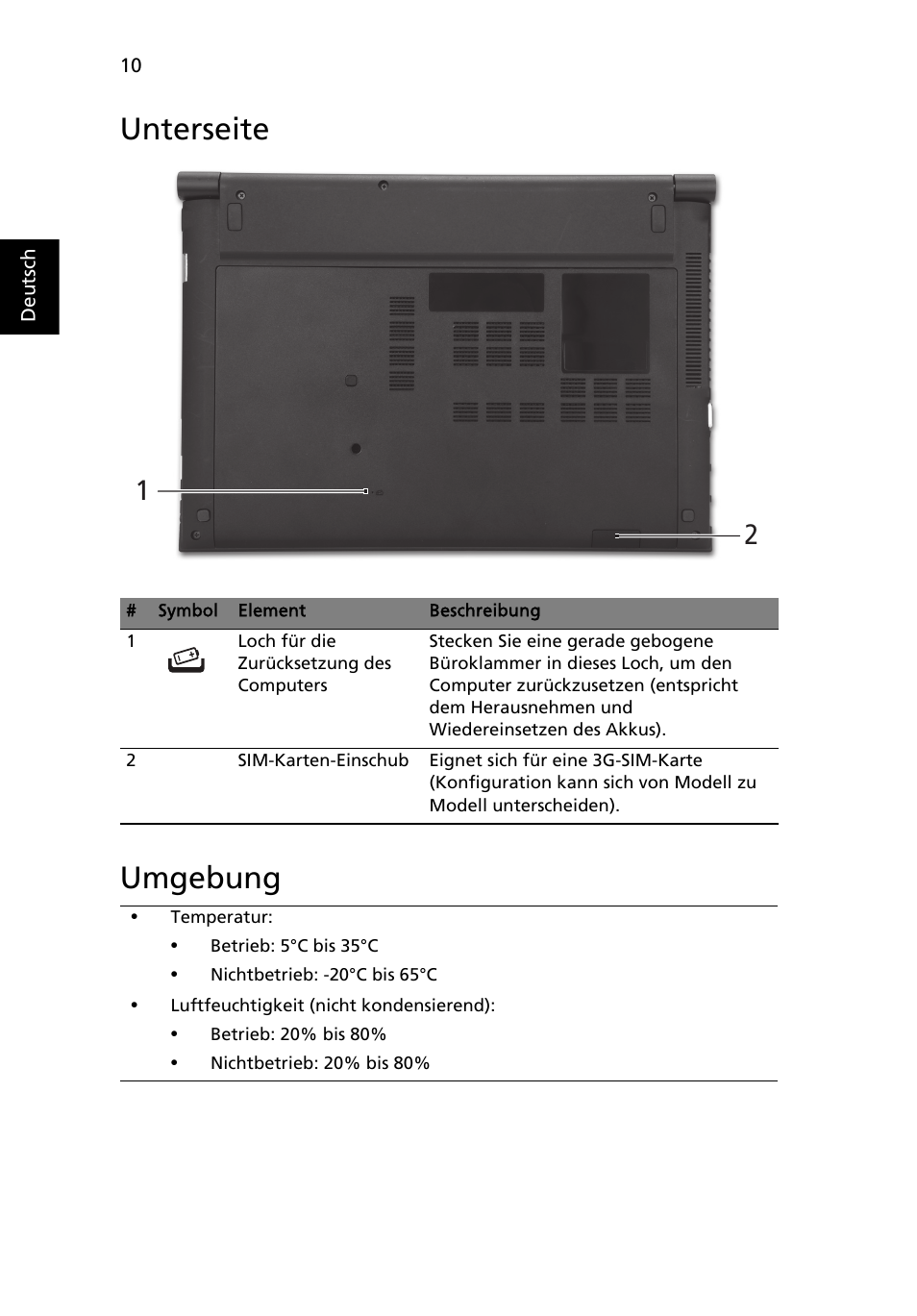 Unterseite, Umgebung, Unterseite umgebung | Acer Aspire 3830TG User Manual | Page 32 / 316