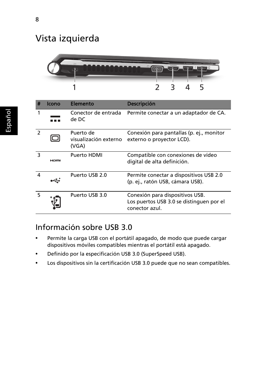 Vista izquierda, Información sobre usb 3.0 | Acer Aspire 3830TG User Manual | Page 50 / 316