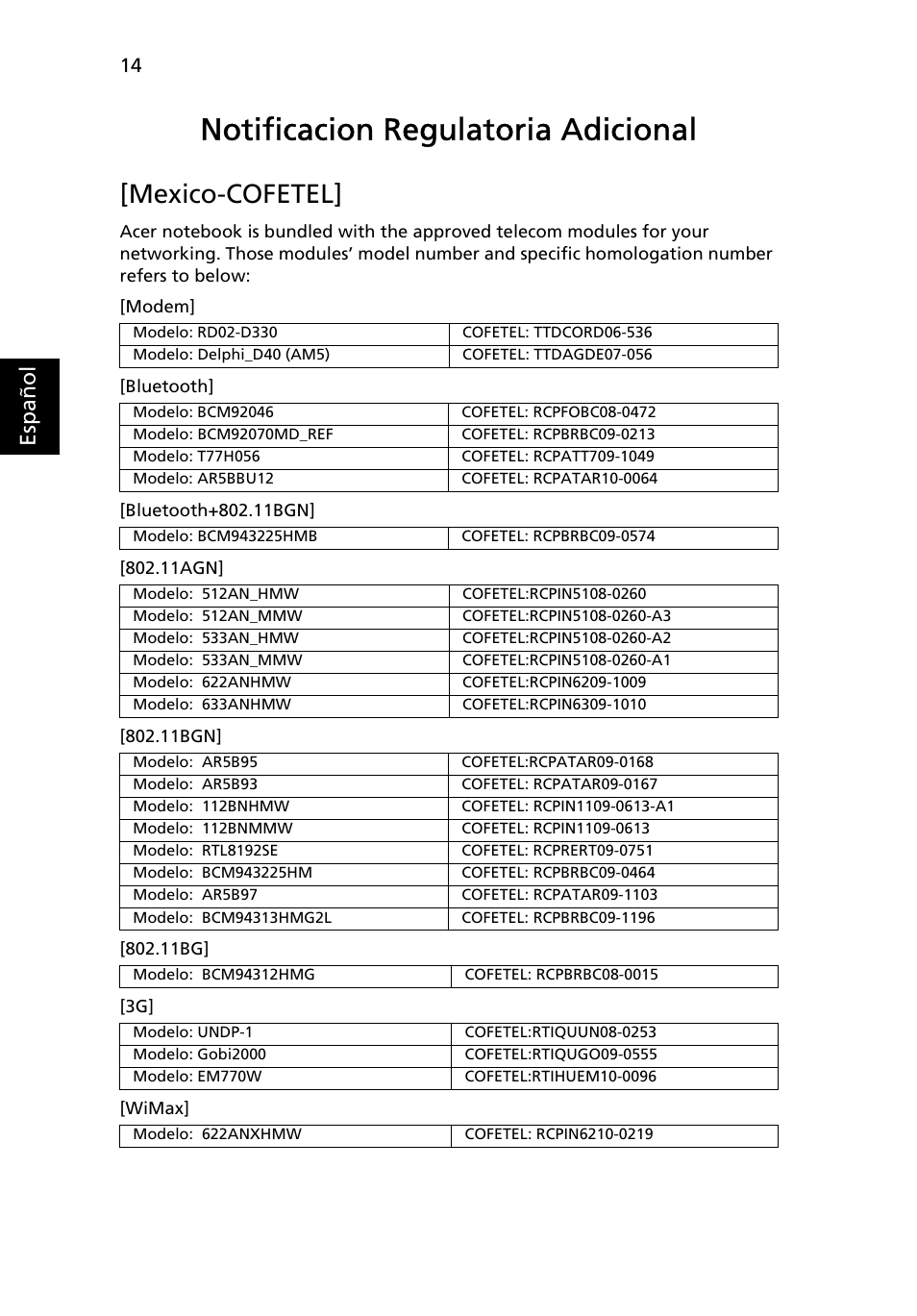 Notificacion regulatoria adicional, Mexico-cofetel, Esp añol | Acer Aspire 3830TG User Manual | Page 56 / 316