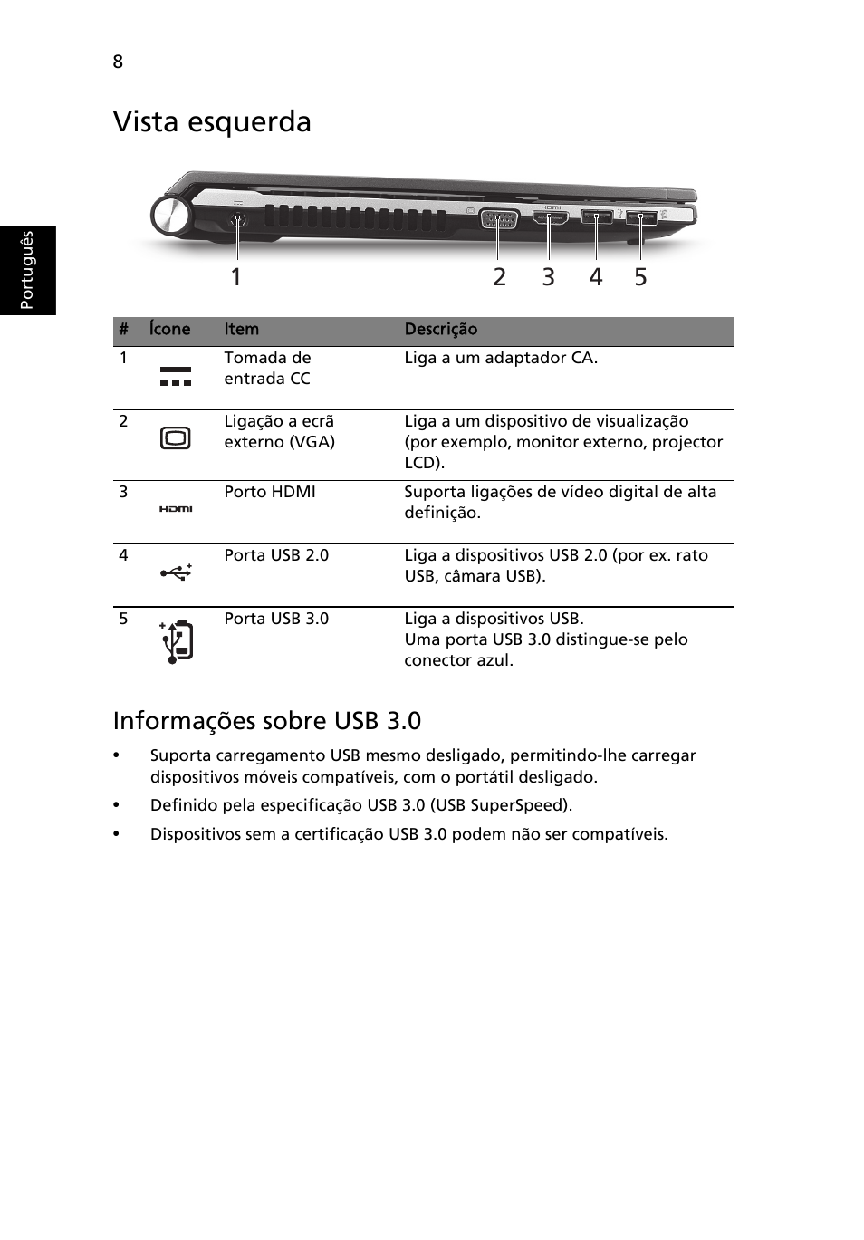 Vista esquerda, Informações sobre usb 3.0 | Acer Aspire 3830TG User Manual | Page 64 / 316
