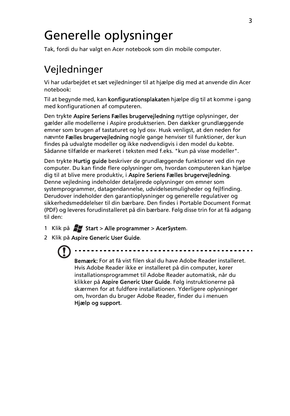 Generelle oplysninger, Vejledninger | Acer Aspire 3830TG User Manual | Page 89 / 316