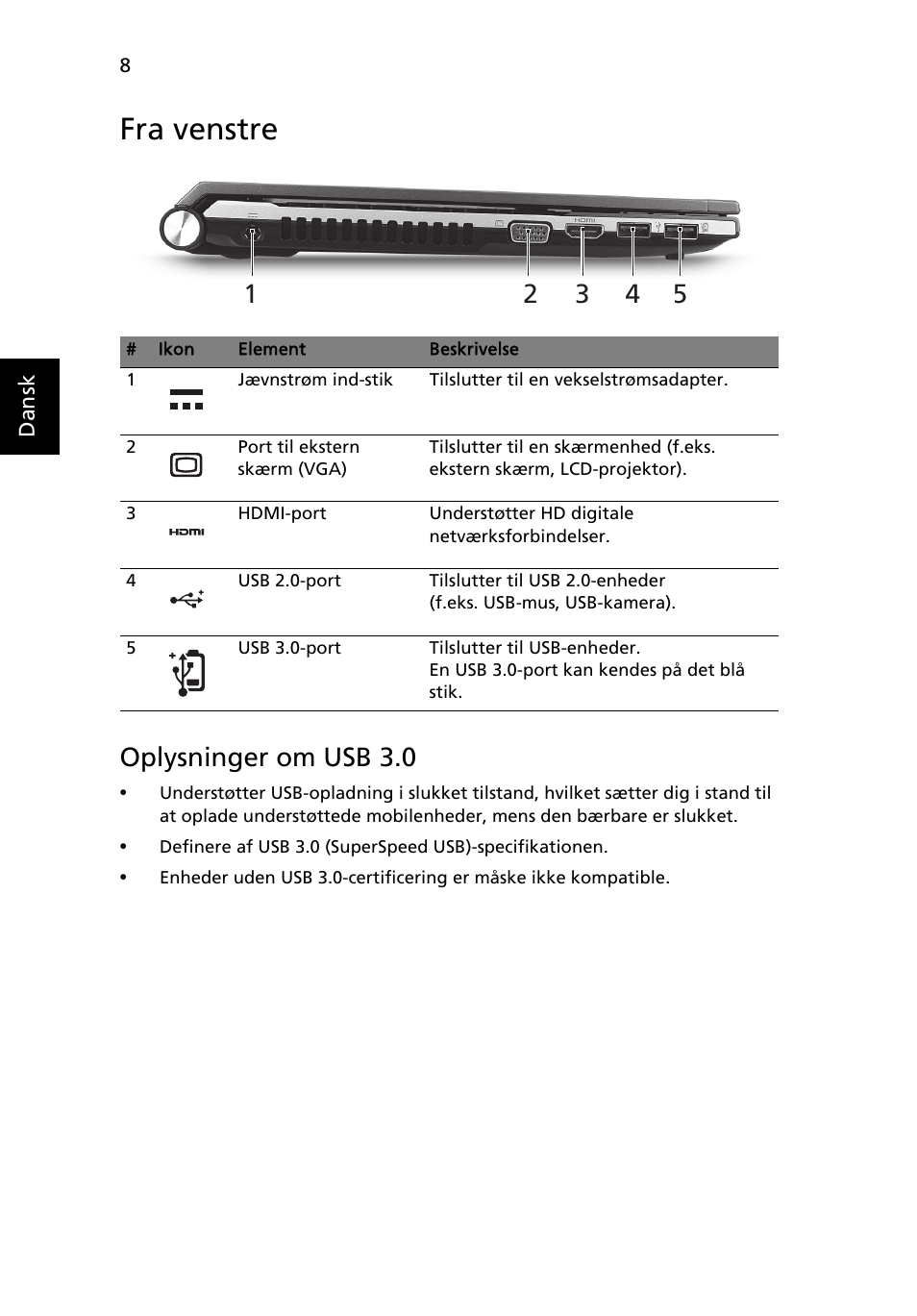 Fra venstre, Oplysninger om usb 3.0 | Acer Aspire 3830TG User Manual | Page 94 / 316