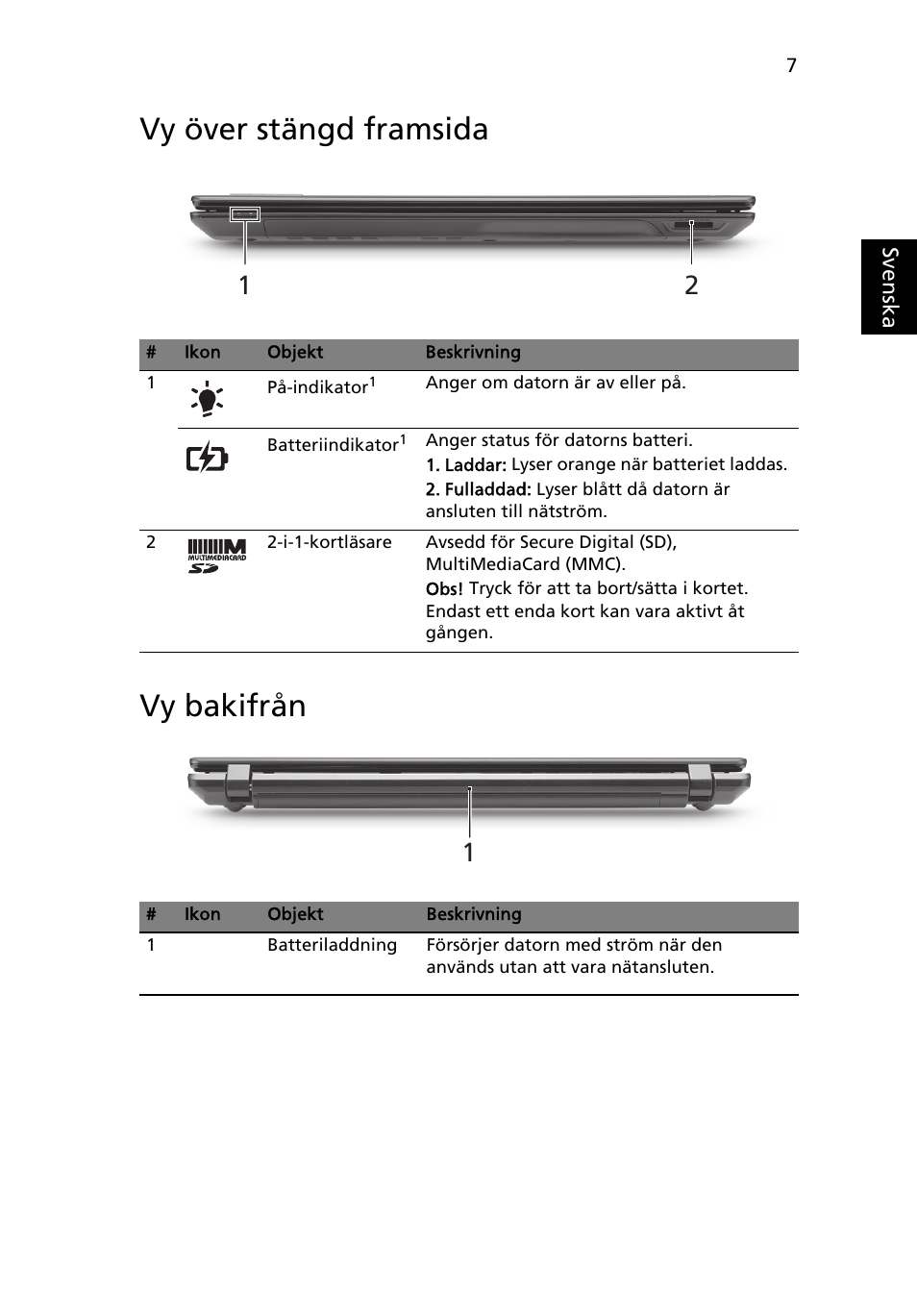 Vy över stängd framsida, Vy bakifrån, Vy över stängd framsida vy bakifrån | Acer TravelMate 5542G User Manual | Page 101 / 314