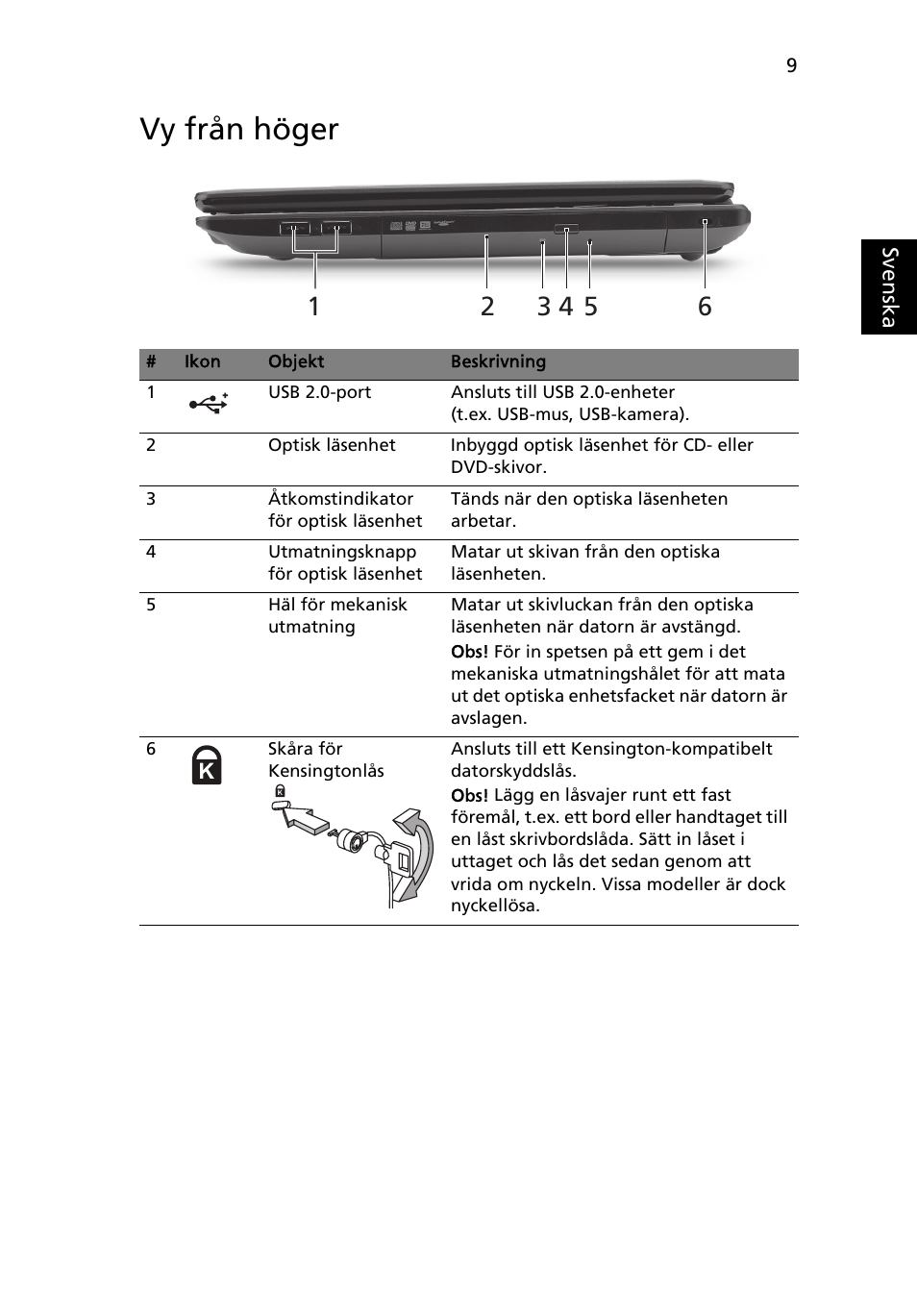 Vy från höger | Acer TravelMate 5542G User Manual | Page 103 / 314