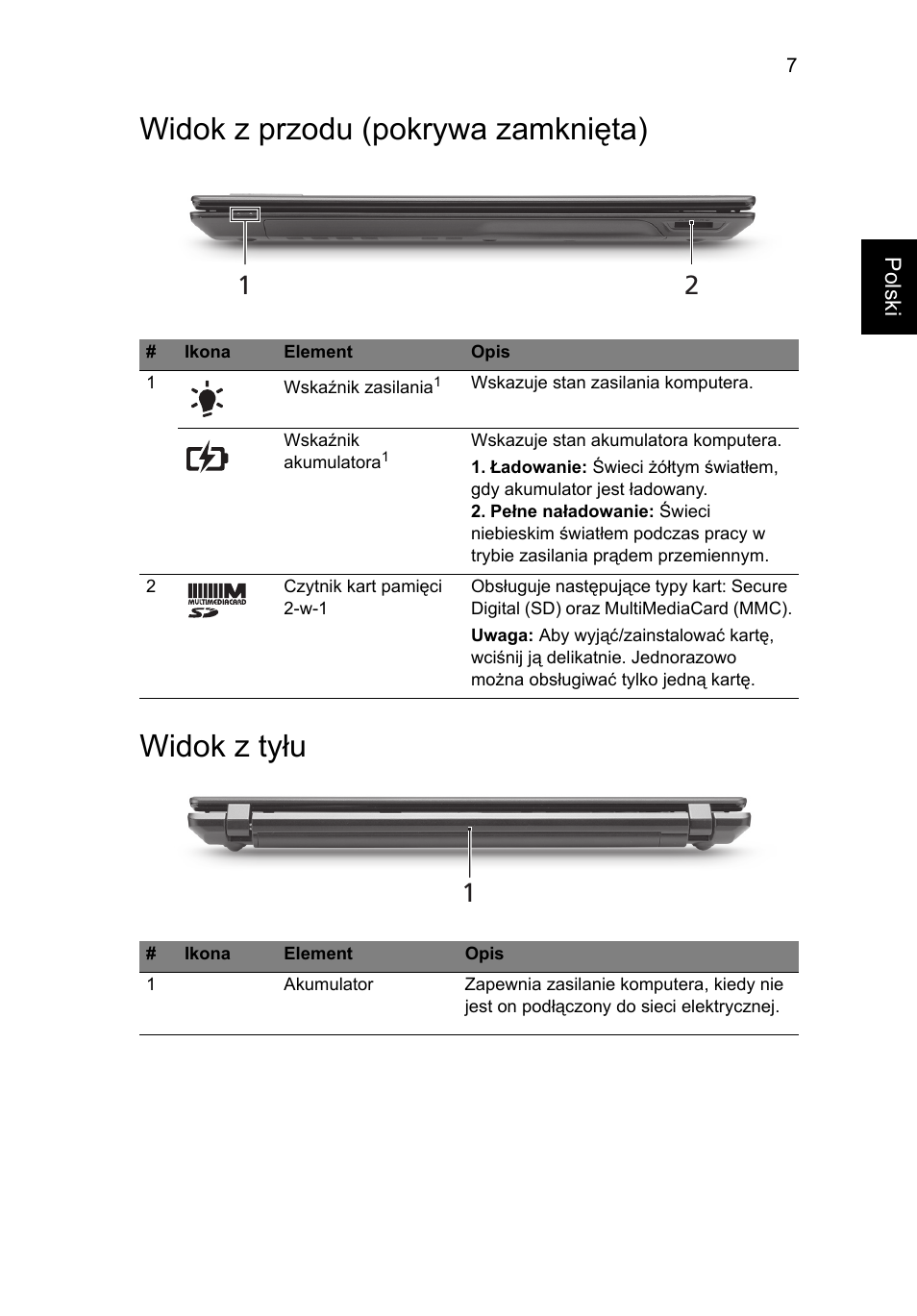 Widok z przodu (pokrywa zamknięta), Widok z tyłu, Widok z przodu (pokrywa zamknięta) widok z tyłu | Acer TravelMate 5542G User Manual | Page 131 / 314