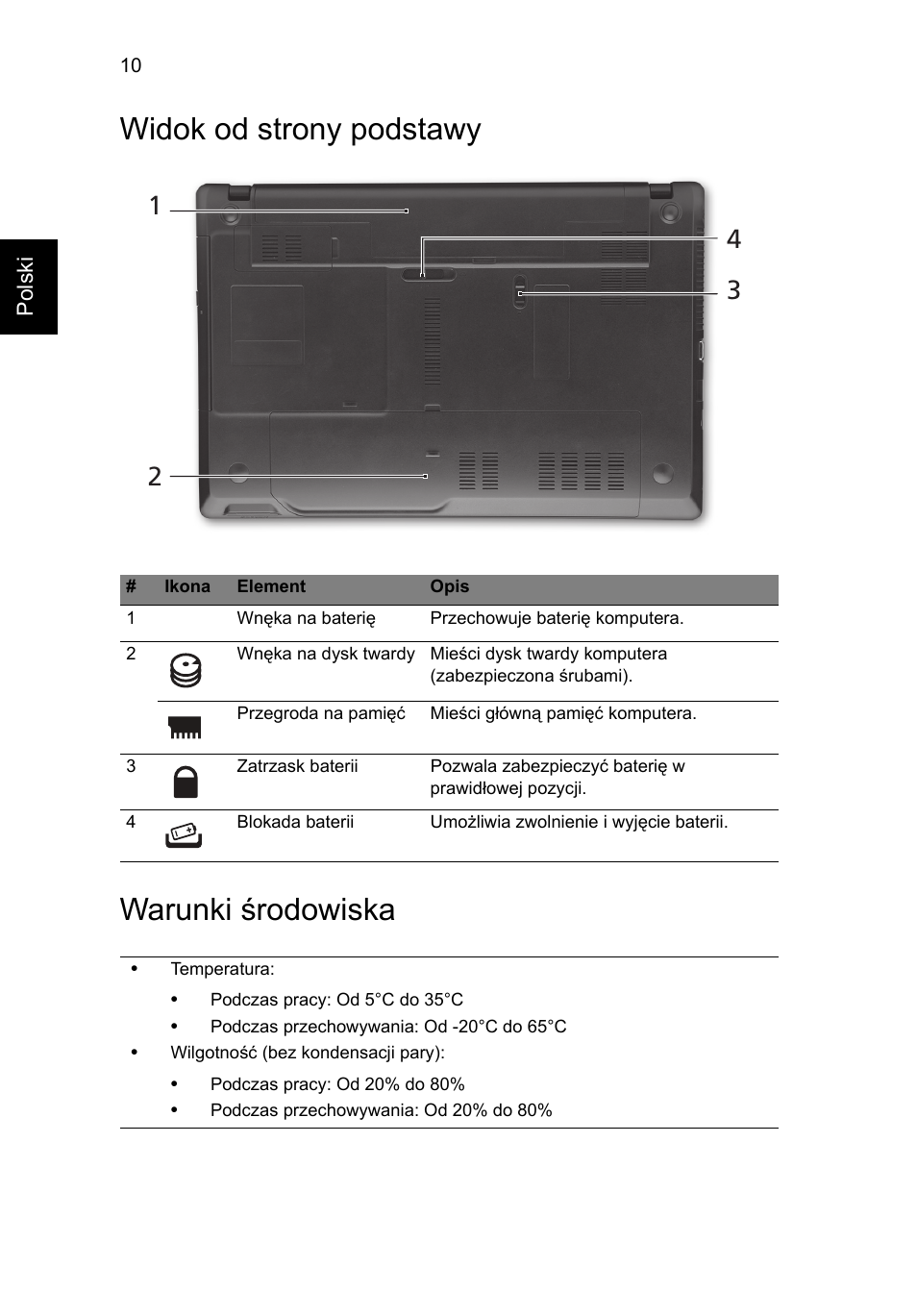 Widok od strony podstawy, Warunki środowiska, Widok od strony podstawy warunki środowiska | Acer TravelMate 5542G User Manual | Page 134 / 314