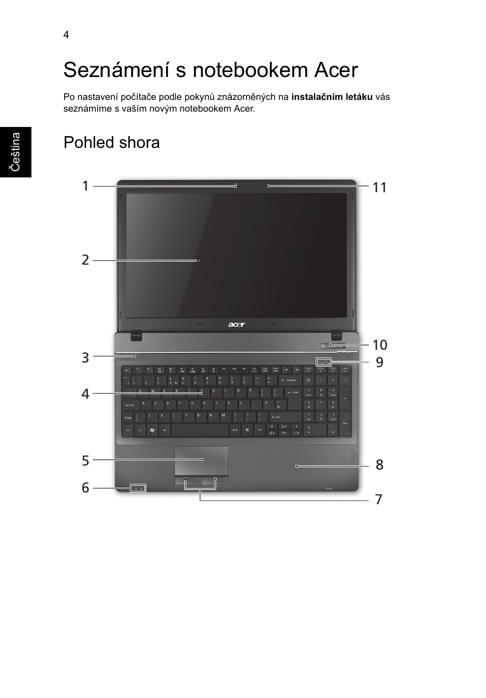 Seznámení s notebookem acer, Pohled shora | Acer TravelMate 5542G User Manual | Page 148 / 314