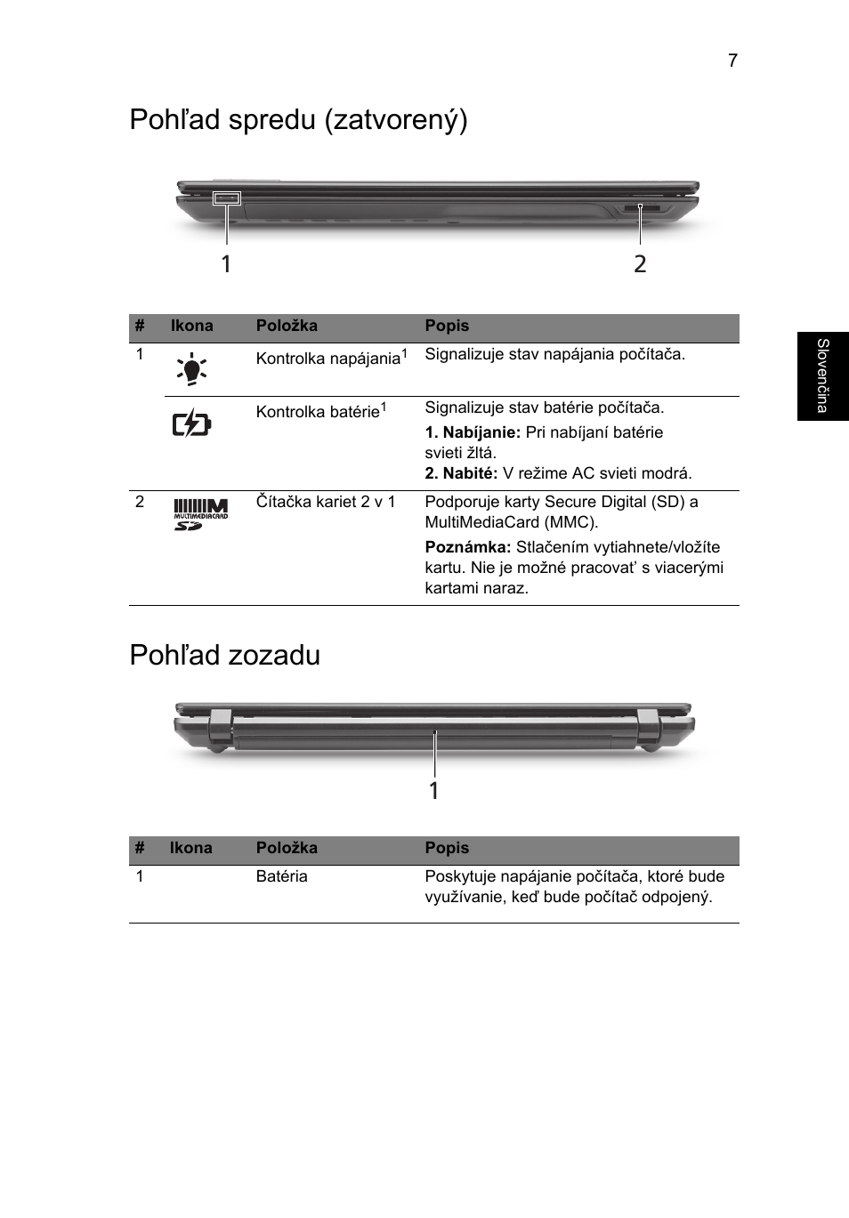 Pohľad spredu (zatvorený), Pohľad zozadu, Pohľad spredu (zatvorený) pohľad zozadu | Acer TravelMate 5542G User Manual | Page 161 / 314