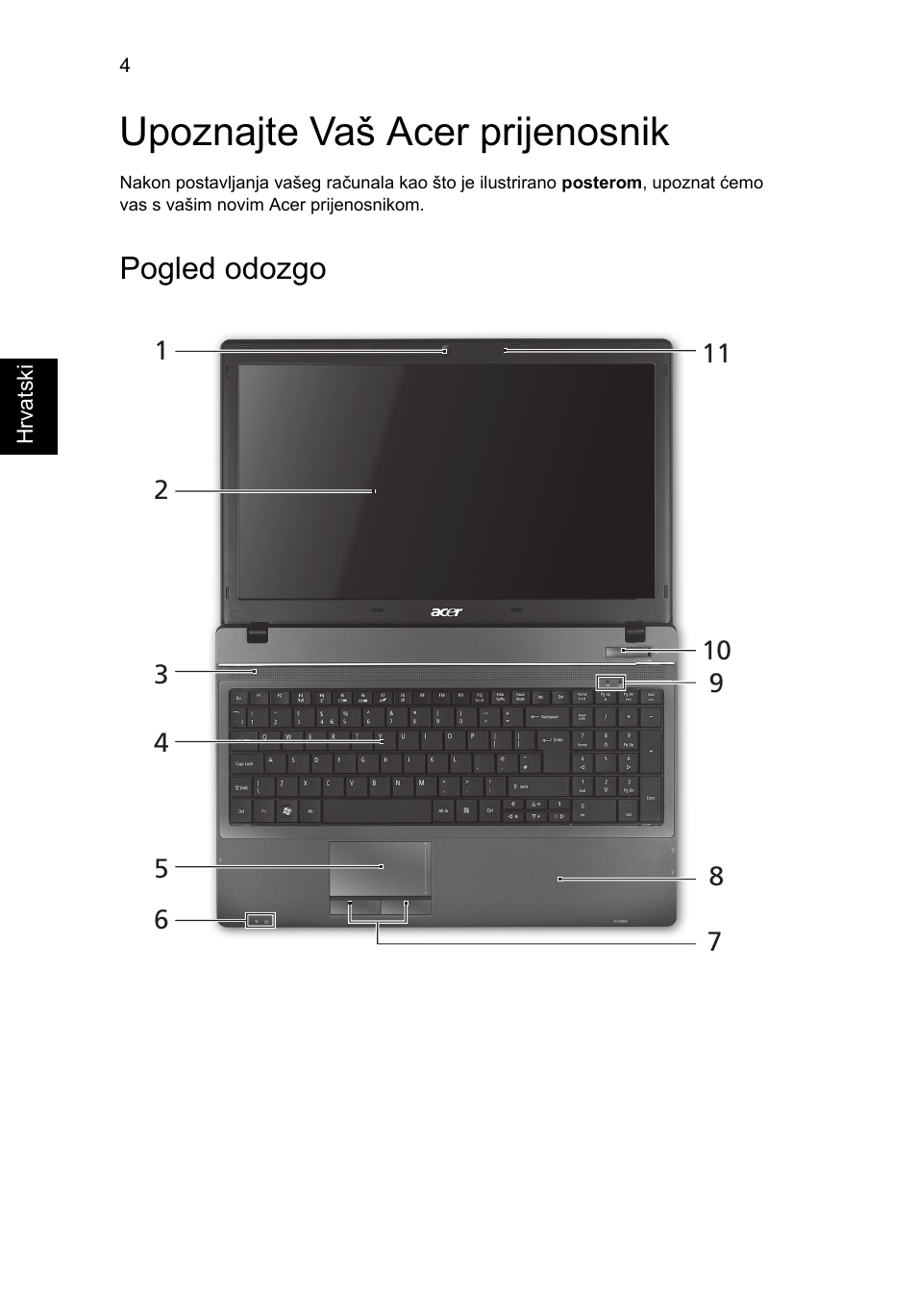 Upoznajte vaš acer prijenosnik, Pogled odozgo | Acer TravelMate 5542G User Manual | Page 178 / 314