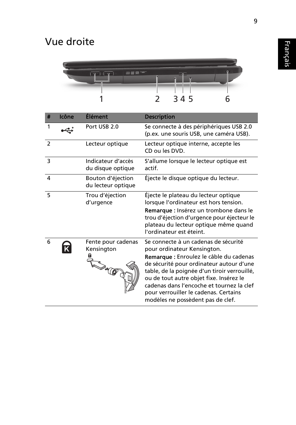 Vue droite, Français | Acer TravelMate 5542G User Manual | Page 21 / 314