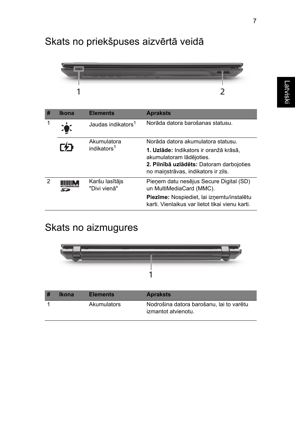 Skats no priekšpuses aizvērtā veidā, Skats no aizmugures | Acer TravelMate 5542G User Manual | Page 221 / 314