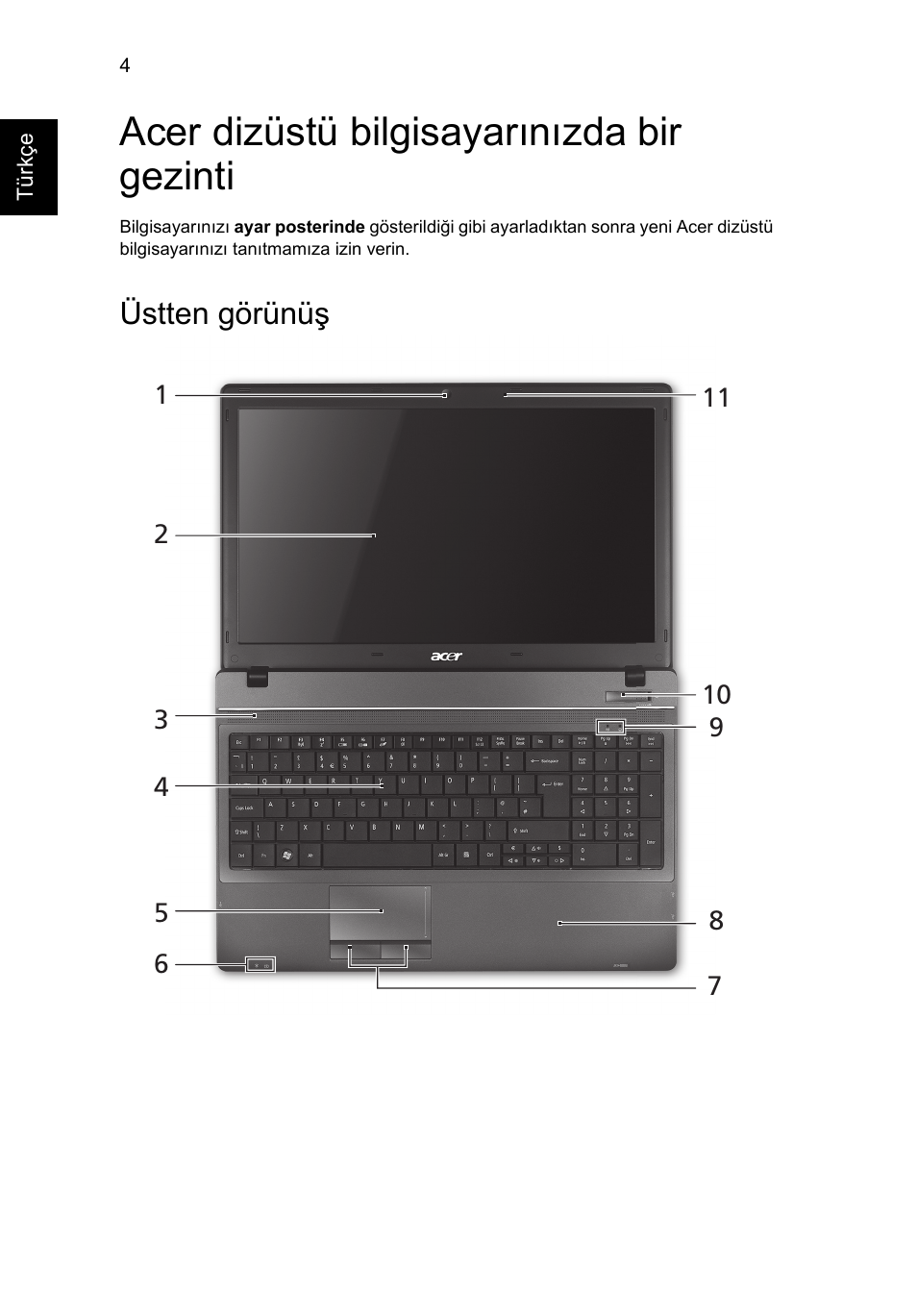 Acer dizüstü bilgisayarınızda bir gezinti, Üstten görünüş | Acer TravelMate 5542G User Manual | Page 248 / 314