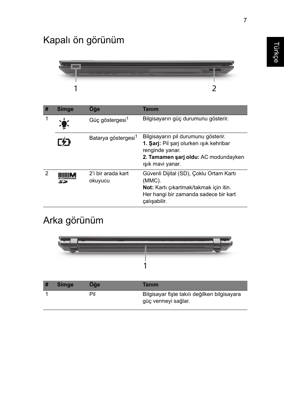 Kapalı ön görünüm, Arka görünüm, Kapalı ön görünüm arka görünüm | Acer TravelMate 5542G User Manual | Page 251 / 314