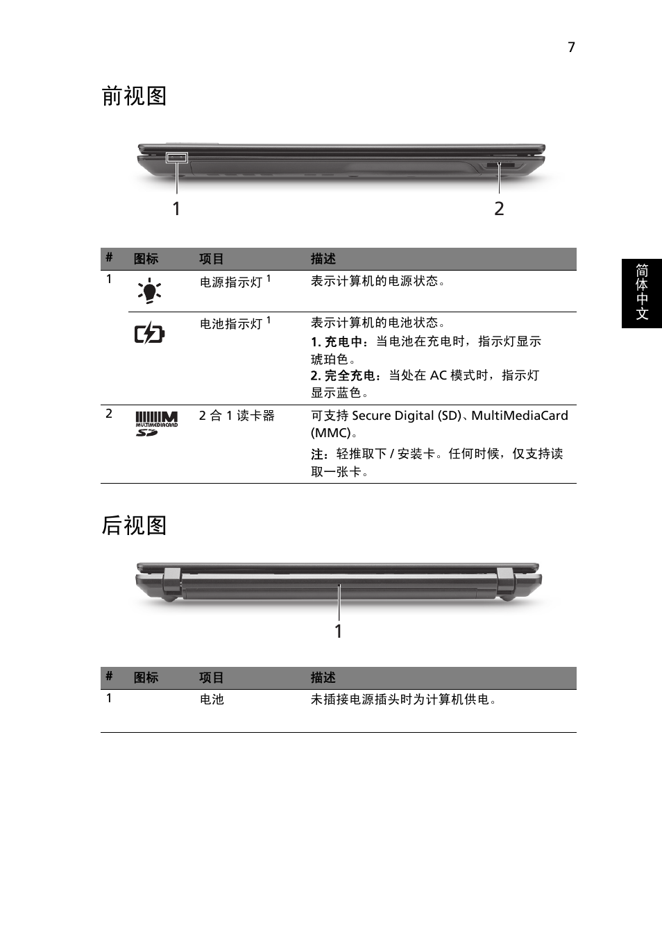 前视图 后视图 | Acer TravelMate 5542G User Manual | Page 291 / 314