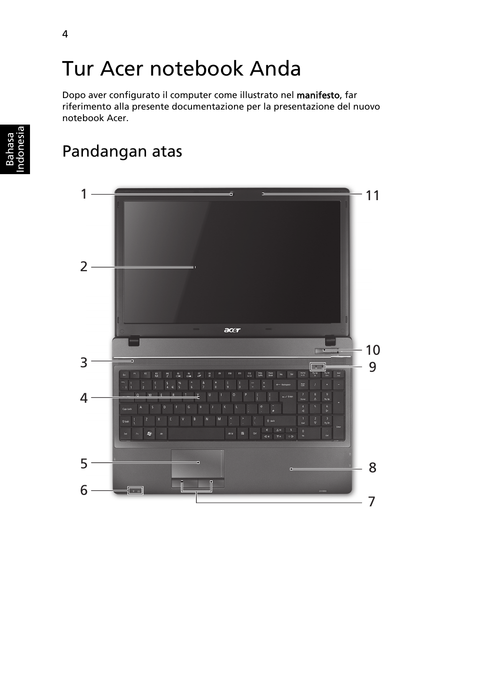 Tur acer notebook anda, Pandangan atas | Acer TravelMate 5542G User Manual | Page 298 / 314