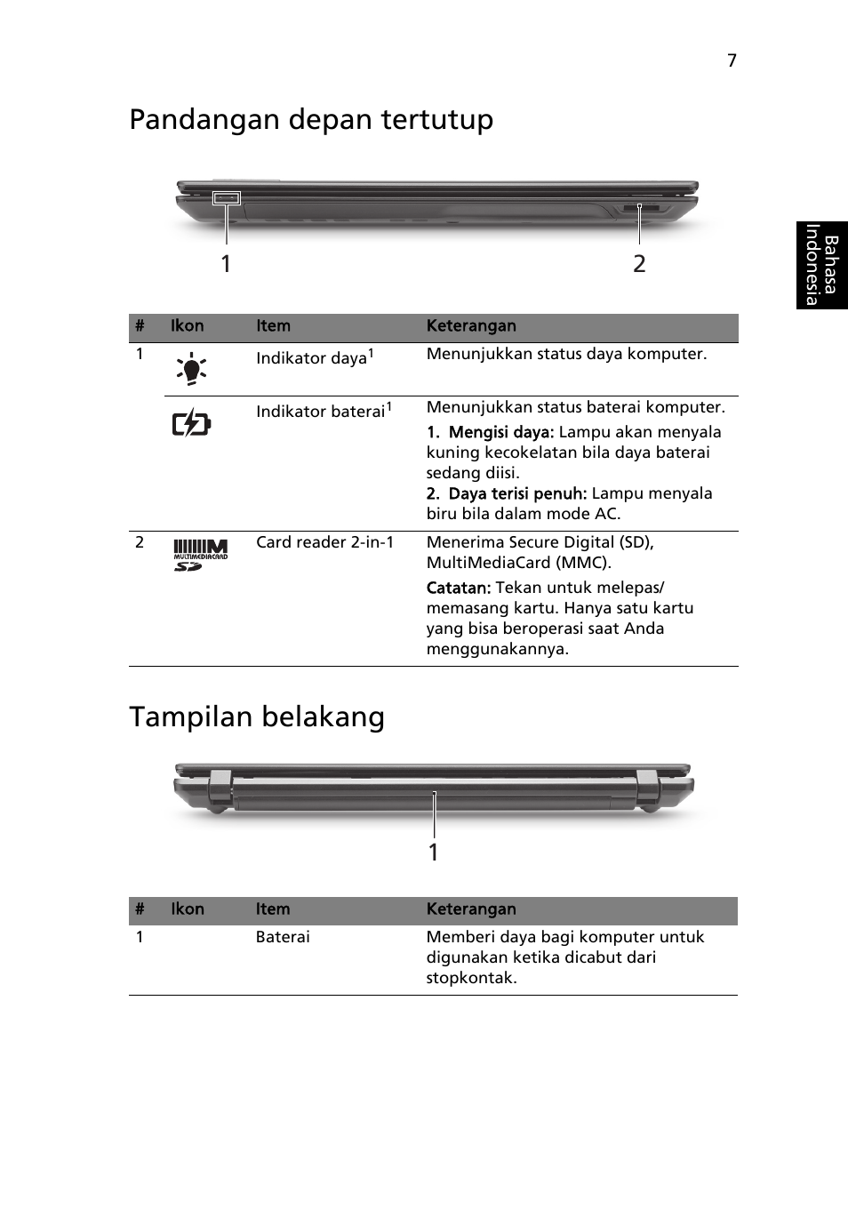 Pandangan depan tertutup, Tampilan belakang, Pandangan depan tertutup tampilan belakang | Acer TravelMate 5542G User Manual | Page 301 / 314