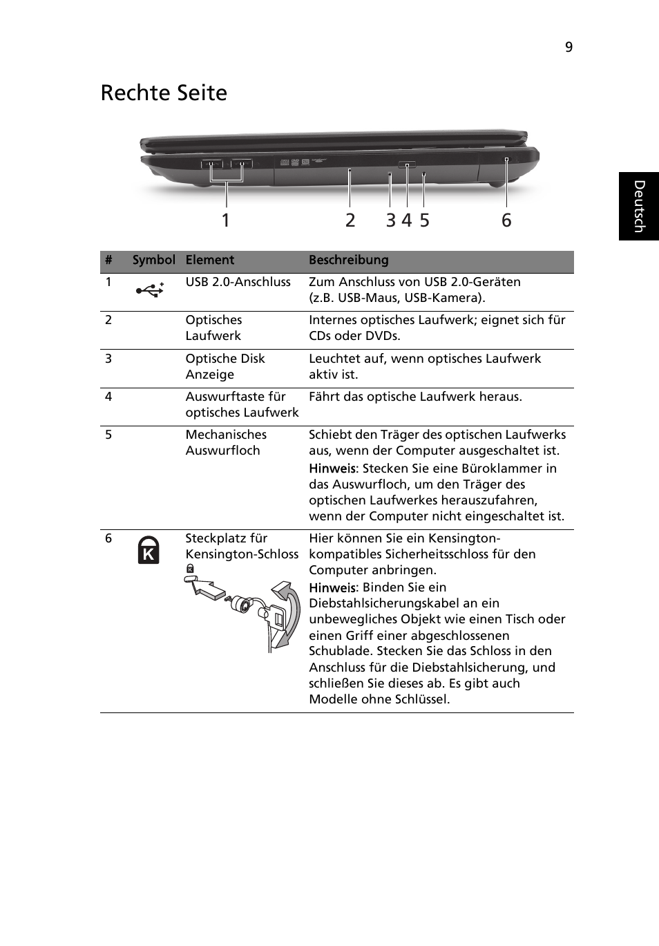 Rechte seite | Acer TravelMate 5542G User Manual | Page 31 / 314