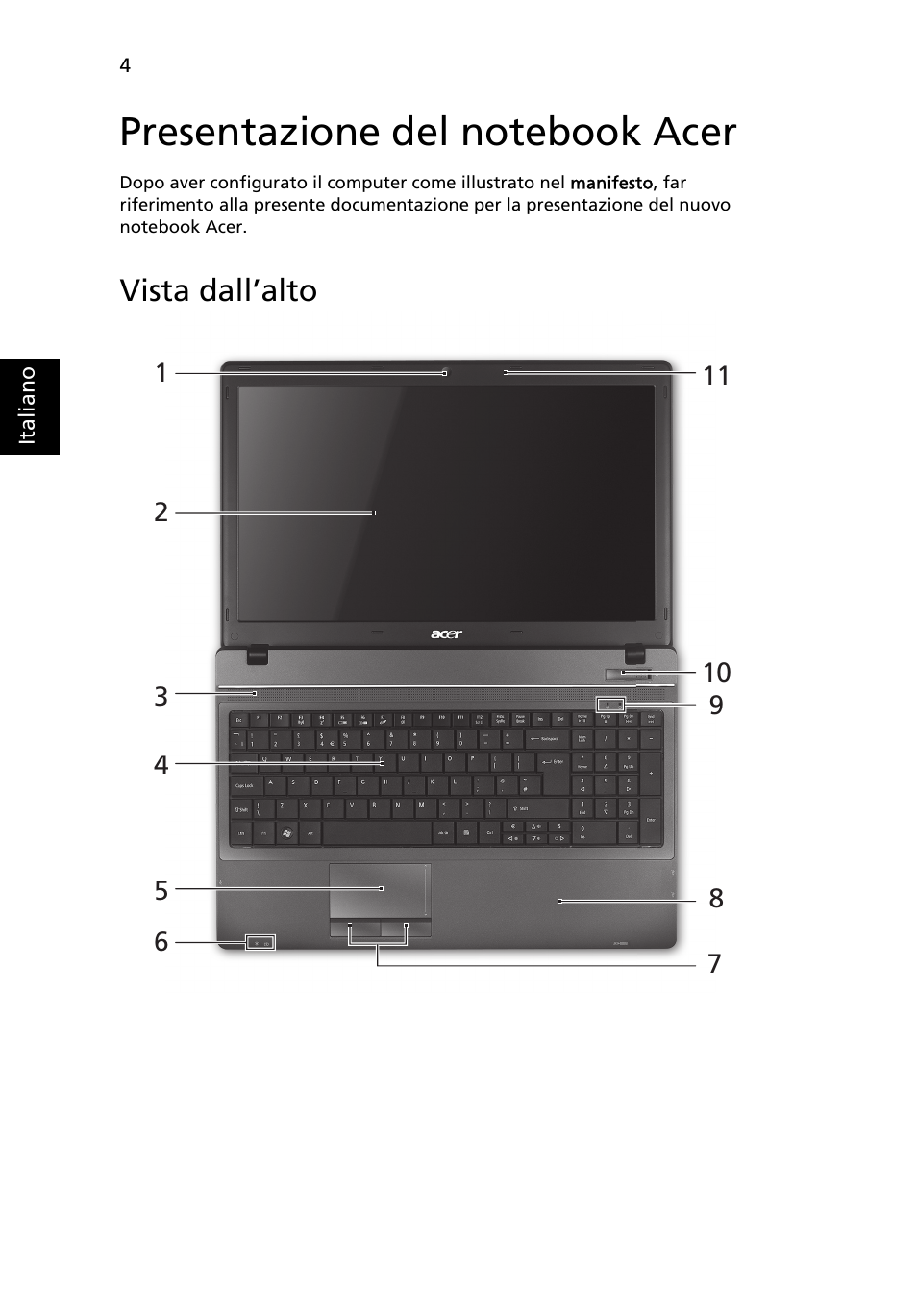 Presentazione del notebook acer, Vista dall’alto | Acer TravelMate 5542G User Manual | Page 36 / 314