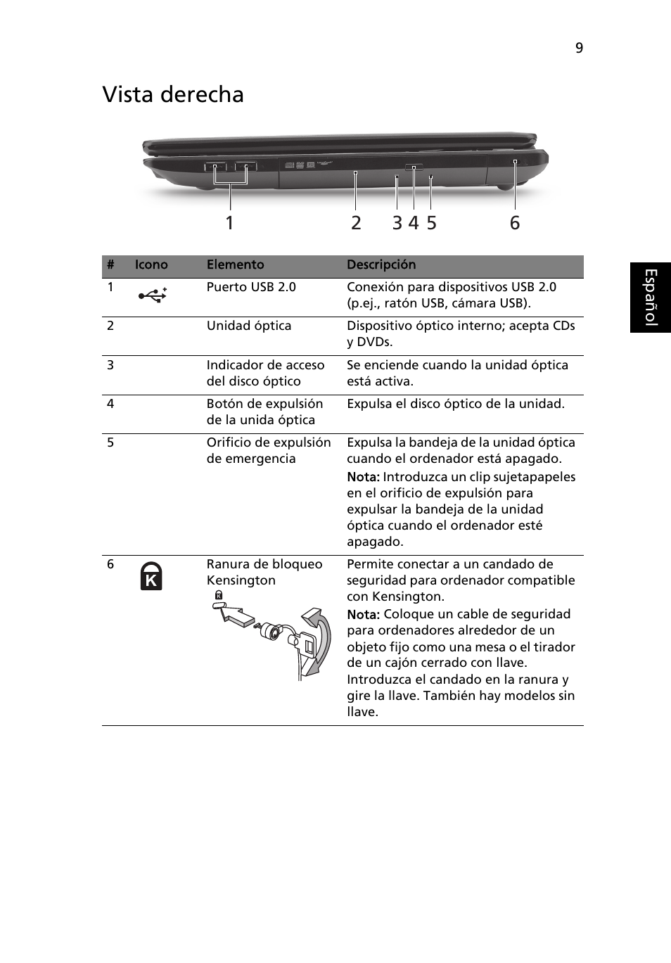 Vista derecha | Acer TravelMate 5542G User Manual | Page 51 / 314