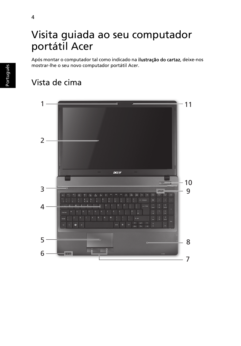 Visita guiada ao seu computador portátil acer, Vista de cima | Acer TravelMate 5542G User Manual | Page 58 / 314